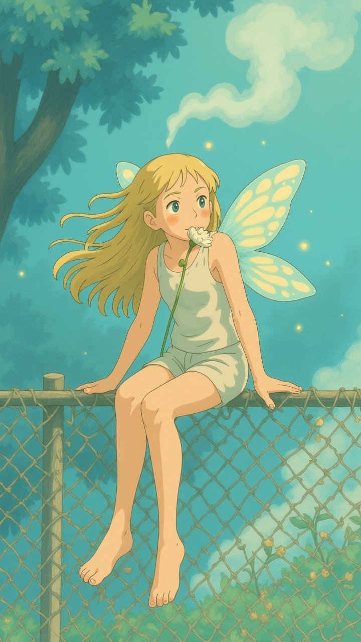 Whimsical Scene of a Girl with Fairy Wings and Flowers