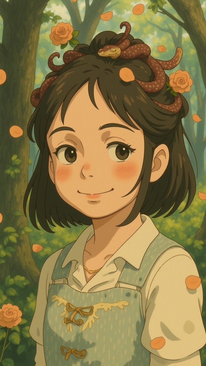 Young girl in vintage outfit in vibrant forest setting