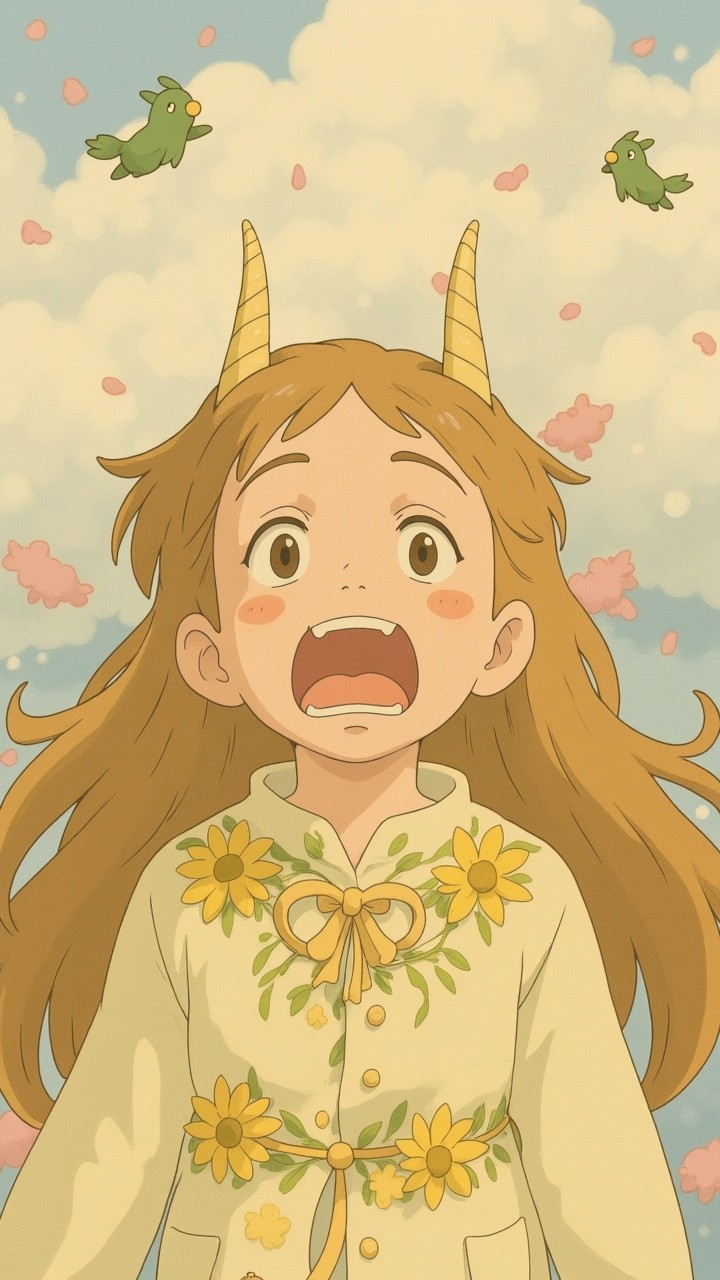 Young girl with horns in a serene landscape setting