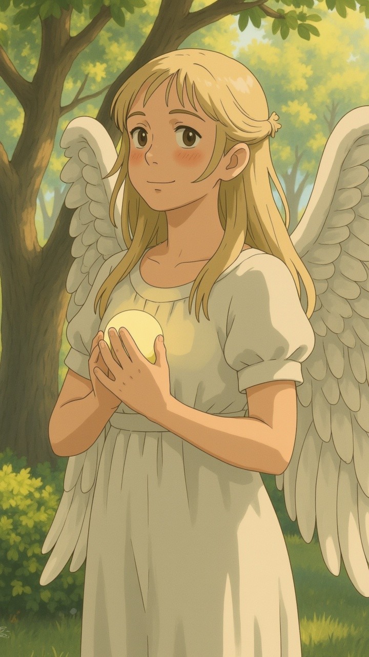 Young girl with wings in a serene forest setting