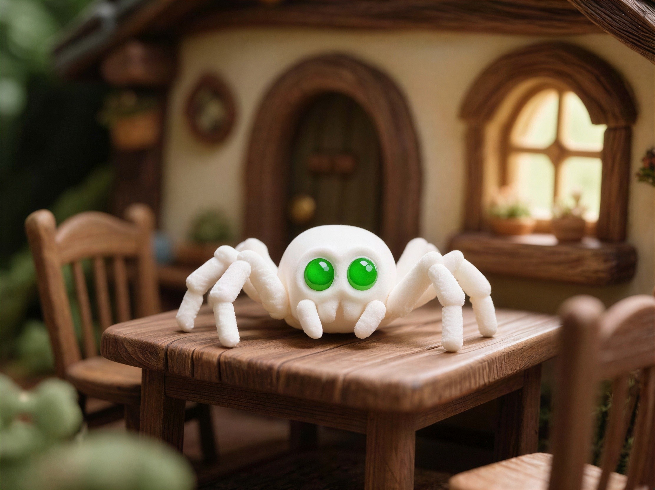 Miniature White Spider Figurine on Wooden Table