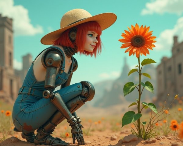 Futuristic Robot Girl in Desolate Landscape with Flowers