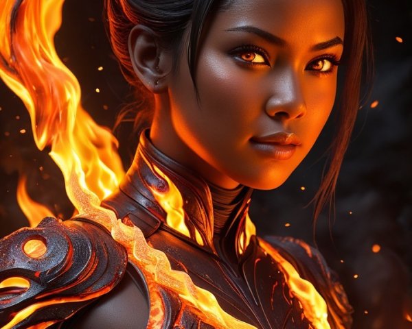 Fierce Warrior Surrounded by Flames and Armor
