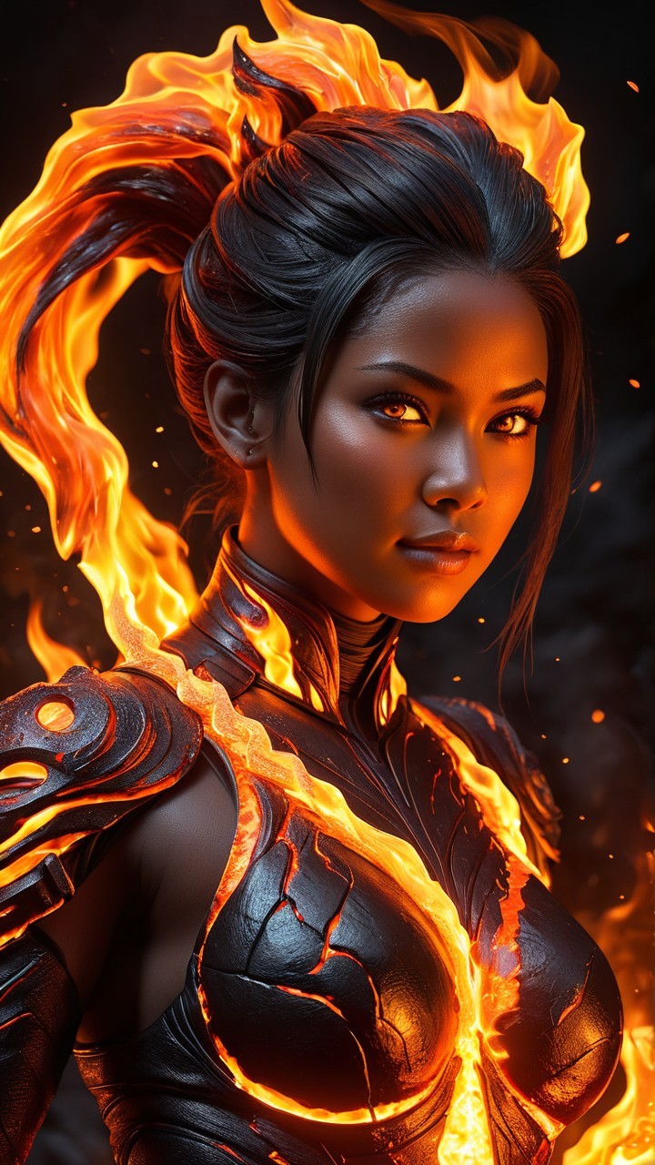Fierce Warrior Surrounded by Flames and Armor