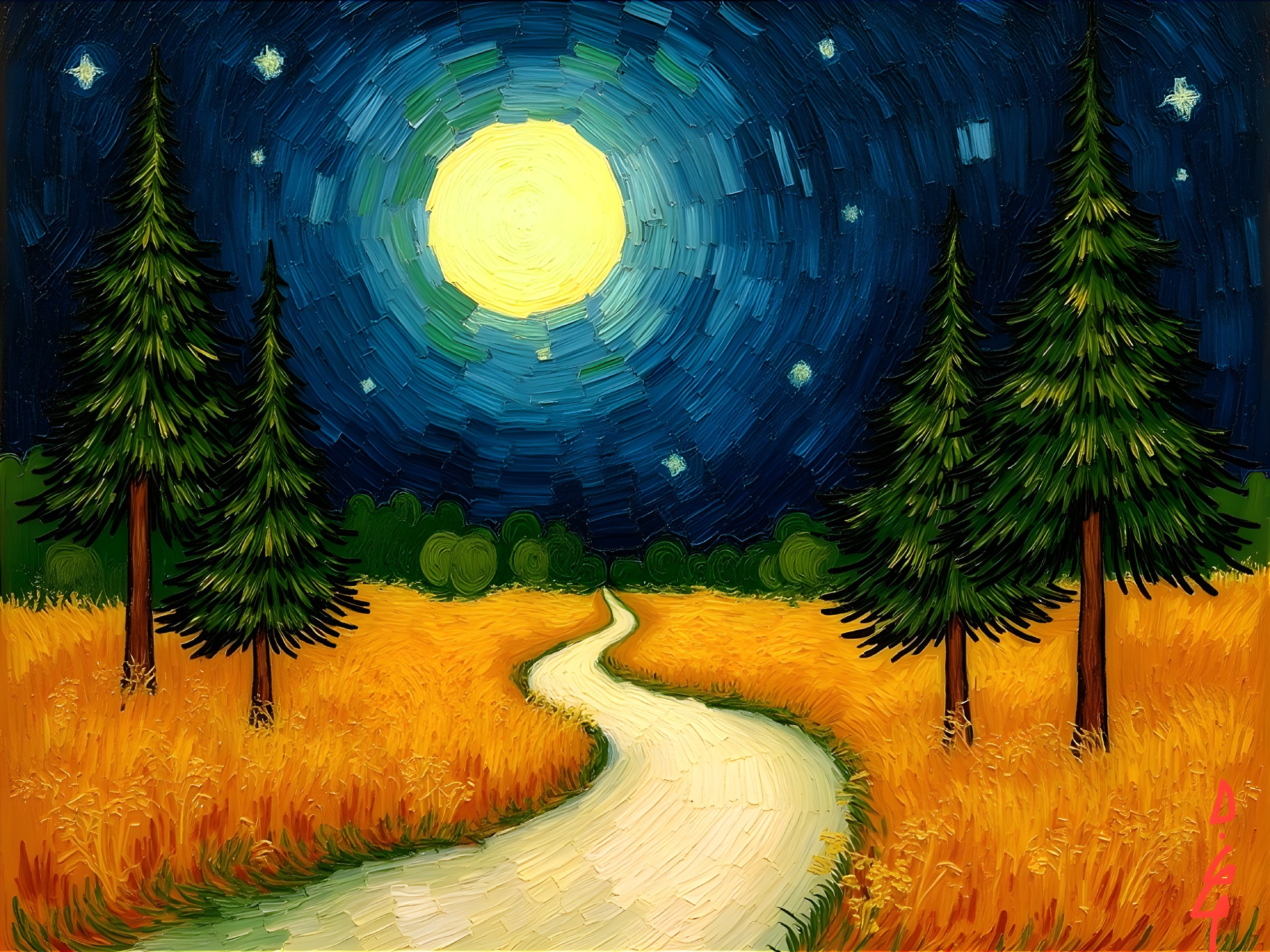 Winding Path Through Golden Field Under Night Sky