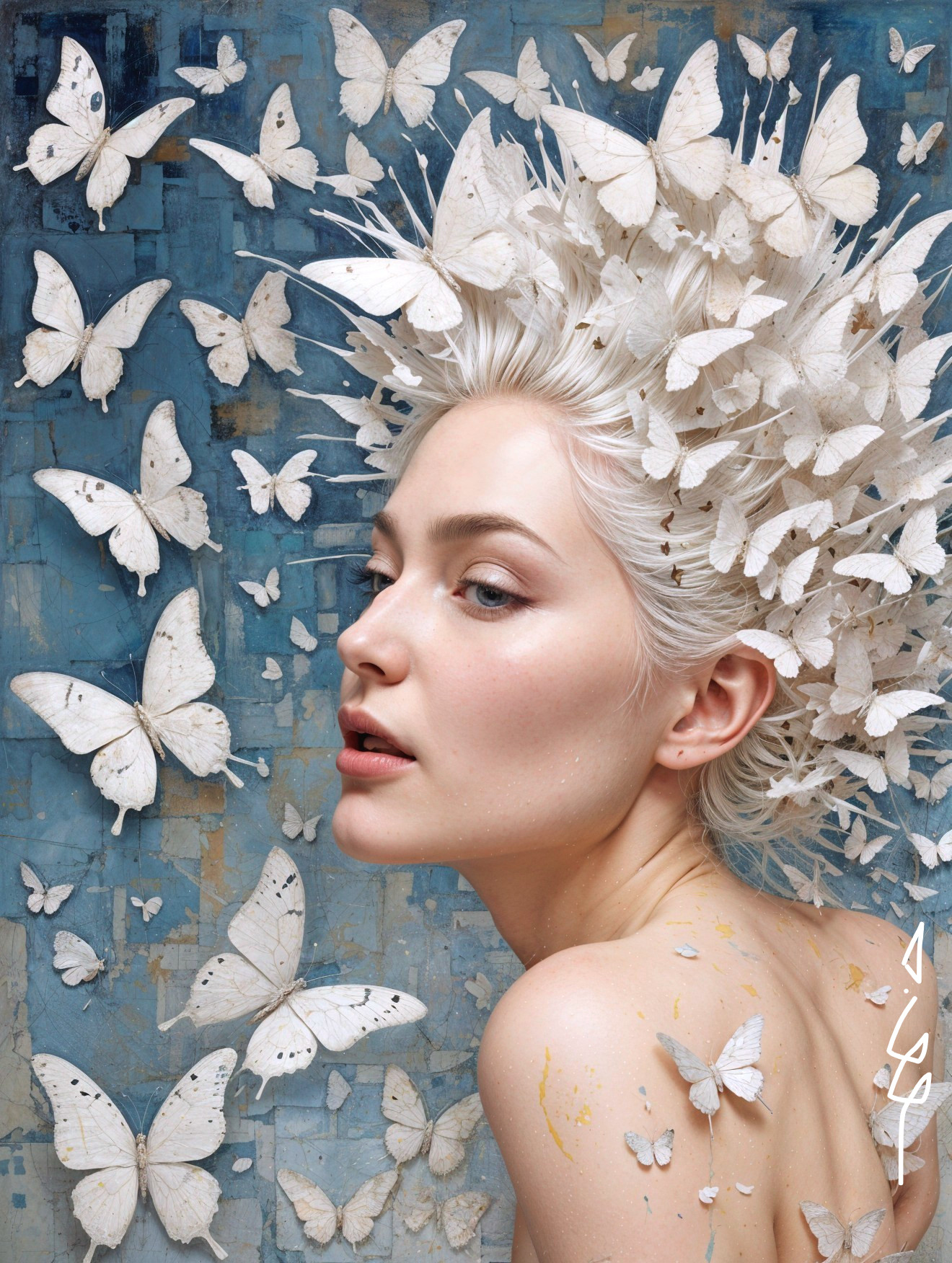Woman with White Hair and Butterflies on Blue Background