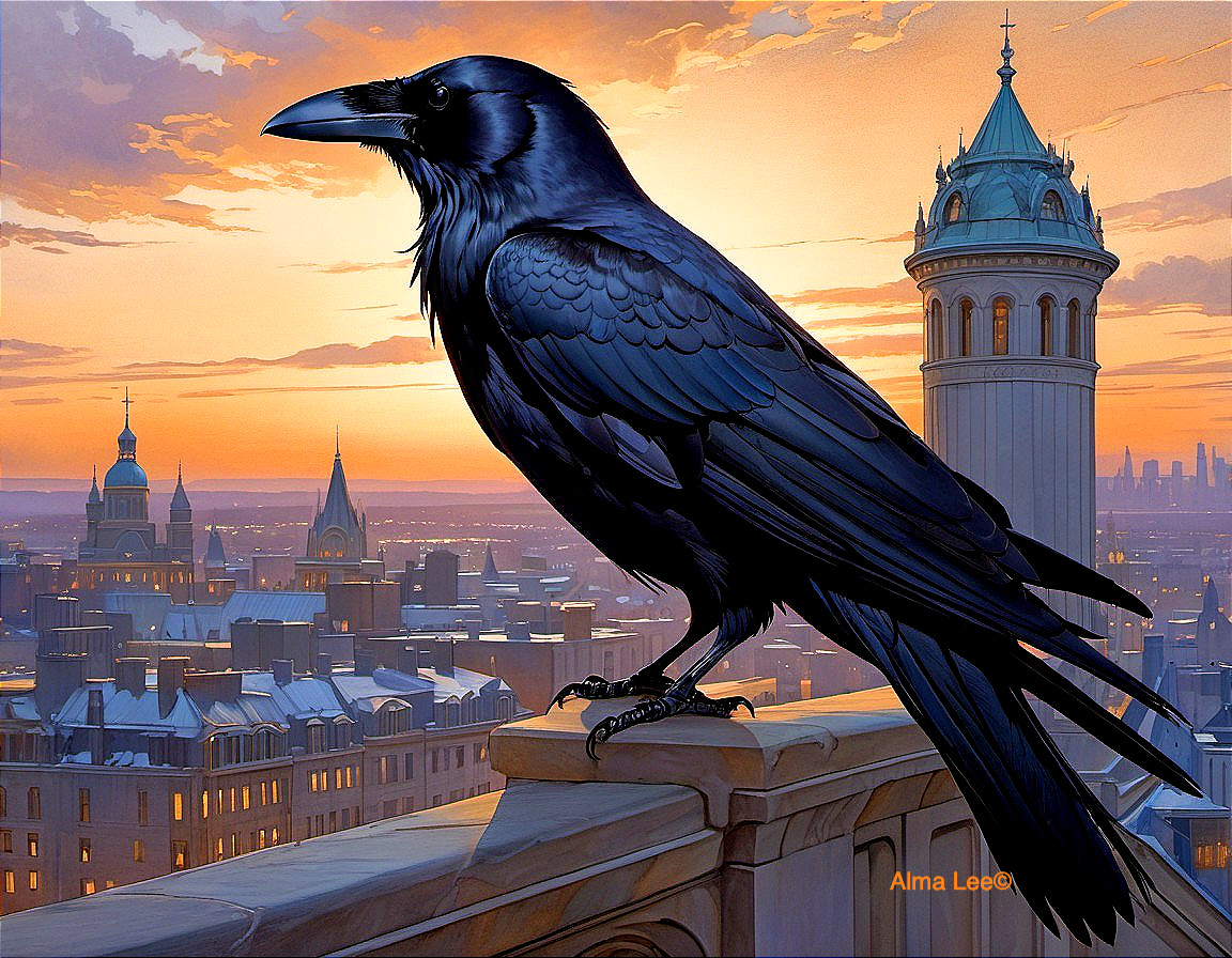 Raven Silhouetted Against Vibrant Sunset Over Cityscape