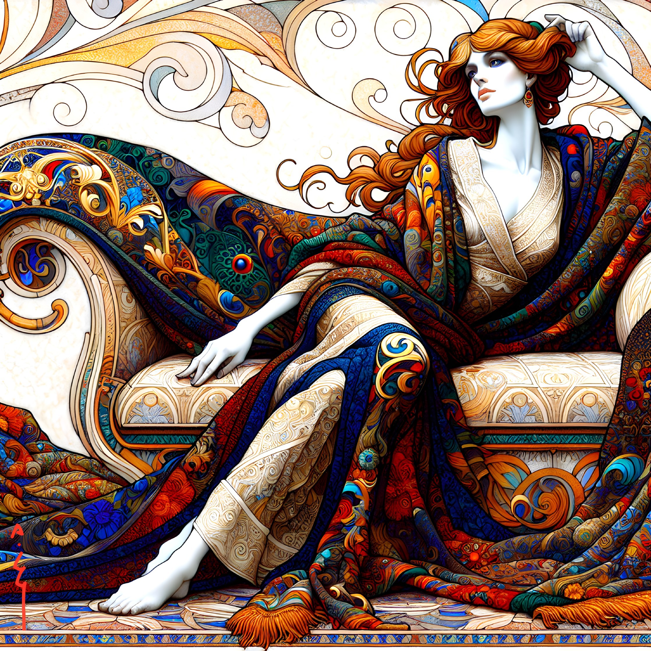 Elegant Woman on Ornate Couch in Vibrant Gown