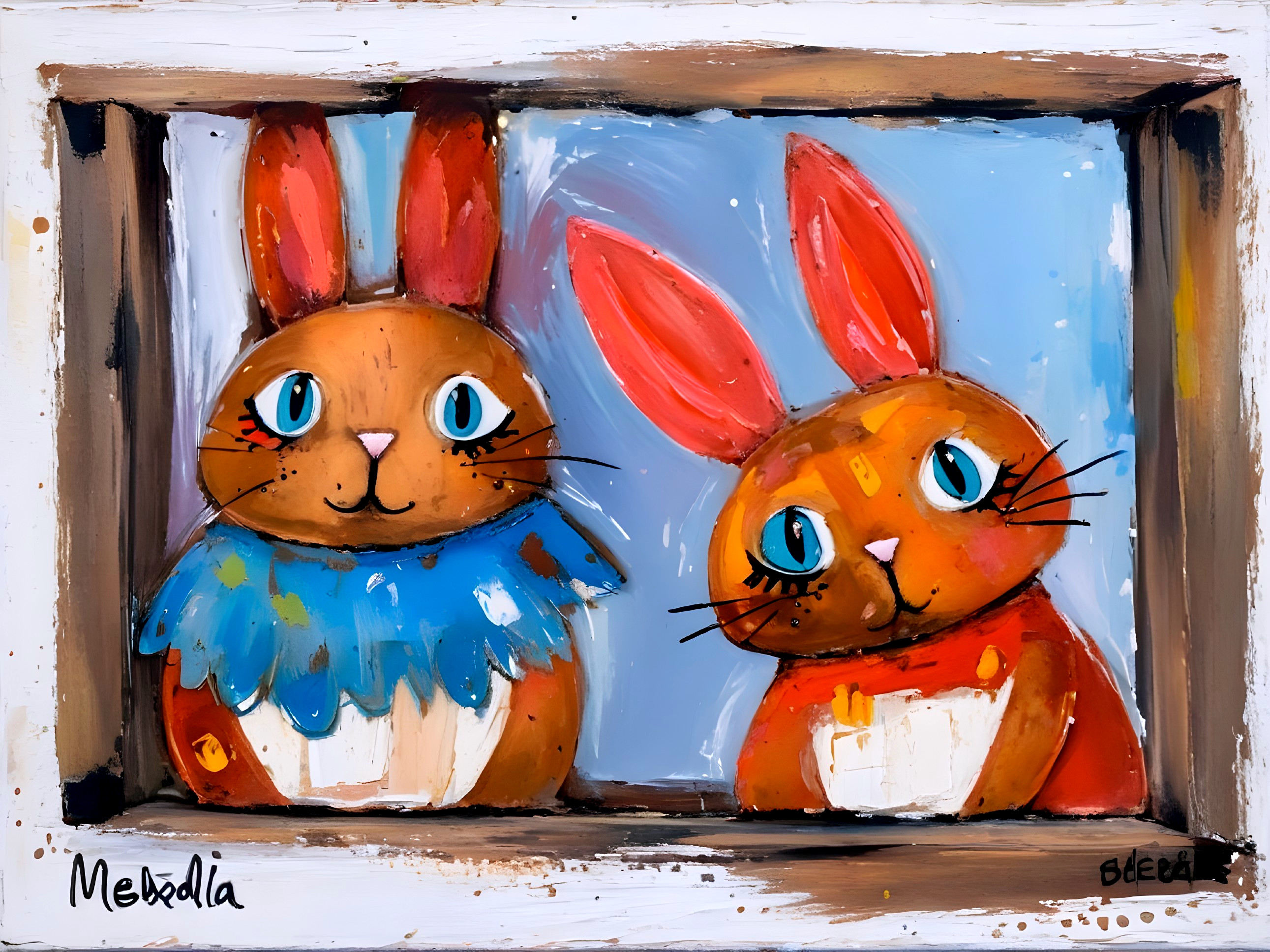 Whimsical Rabbits in Colorful Style on Blue Background