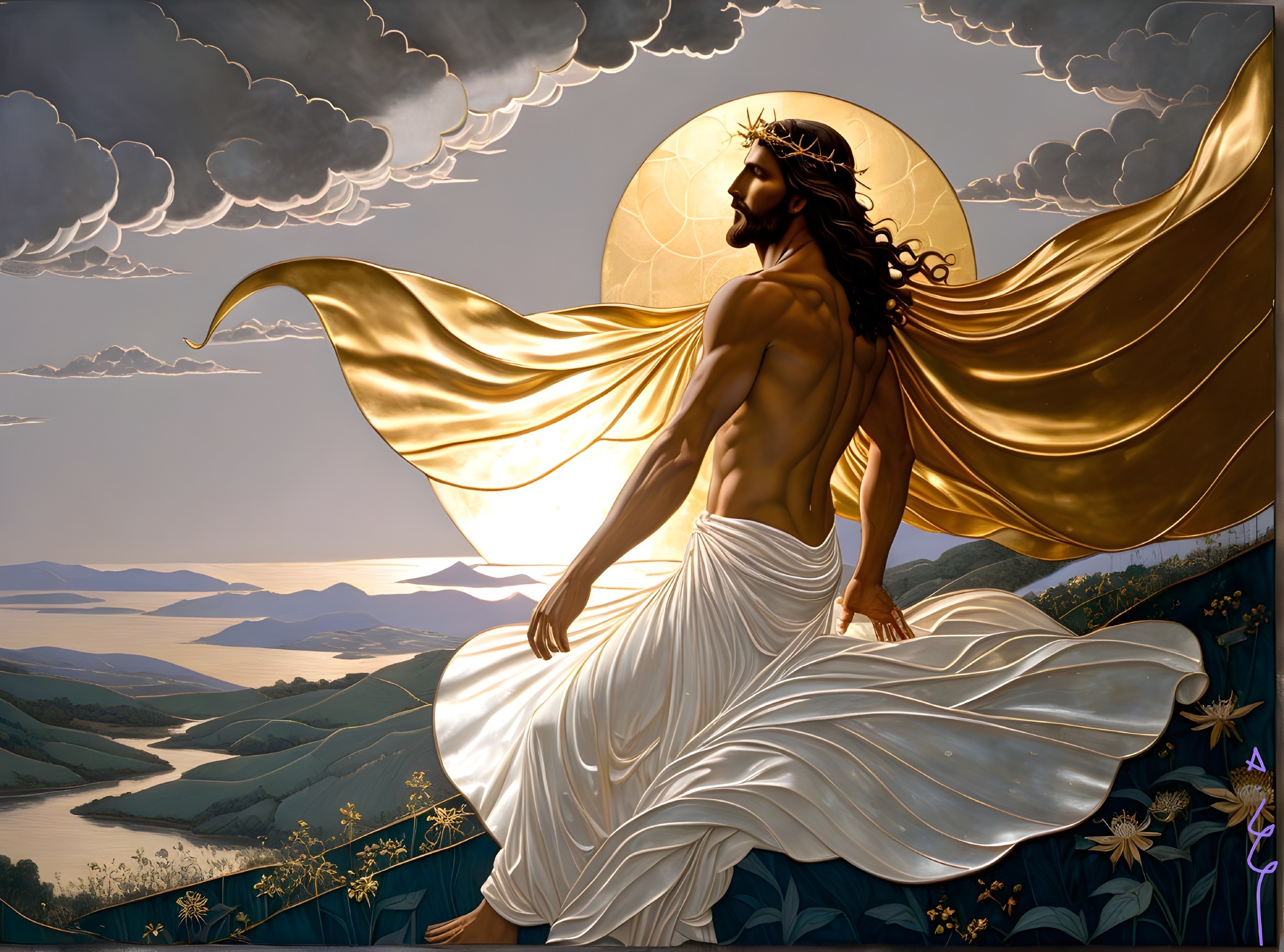 Radiant Figure in White Garment on Hillside Landscape