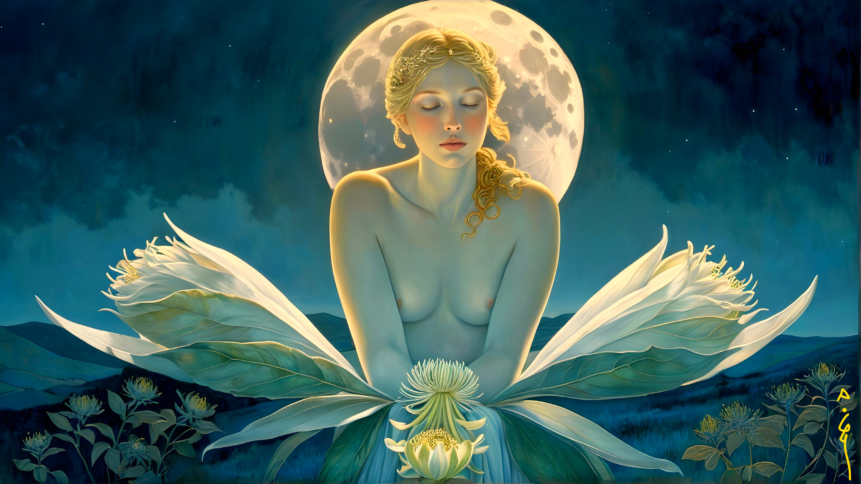 Ethereal Woman Surrounded by White Flowers and Moon