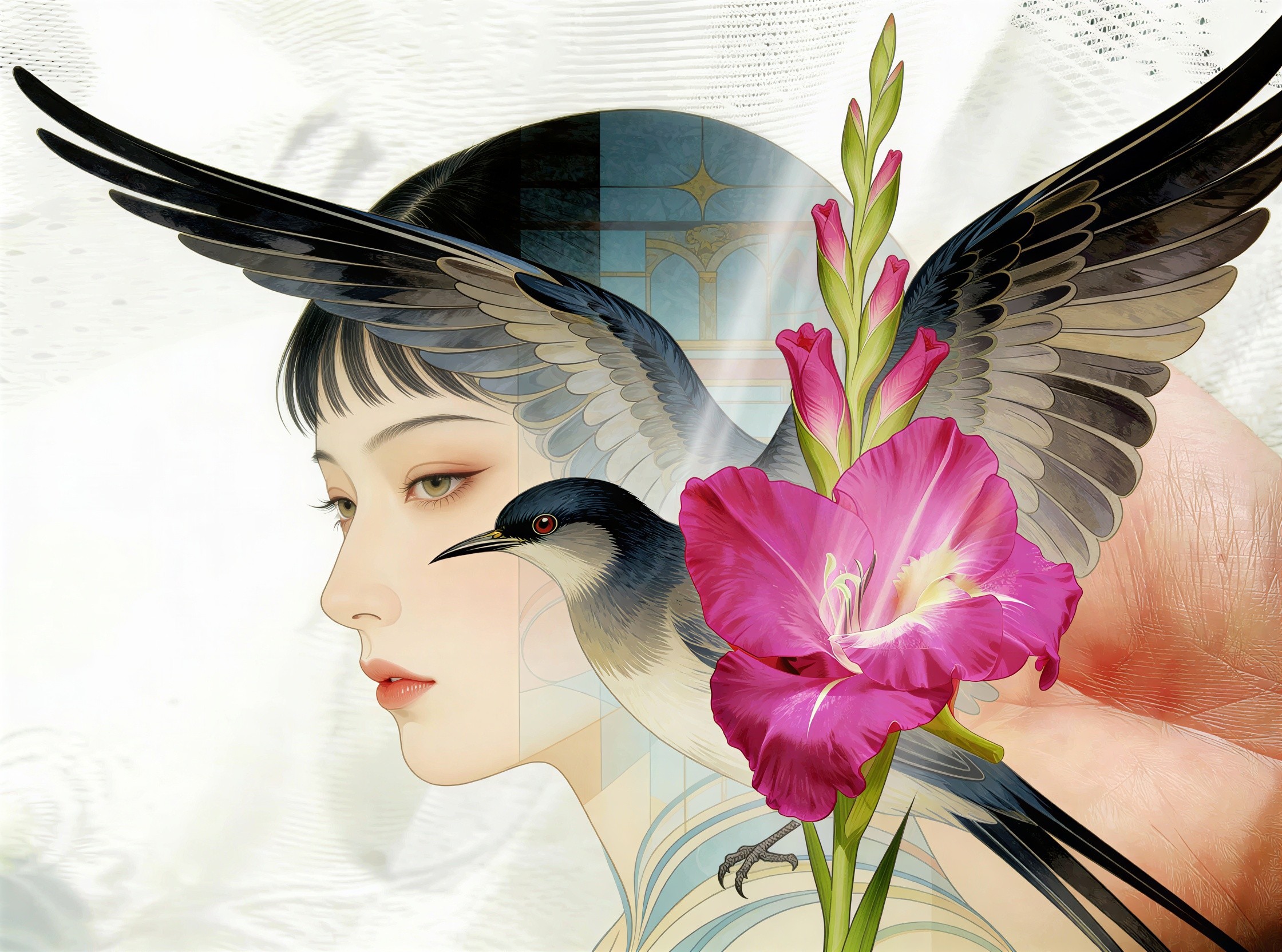 Profile of an Asian woman with a blue bird and flower