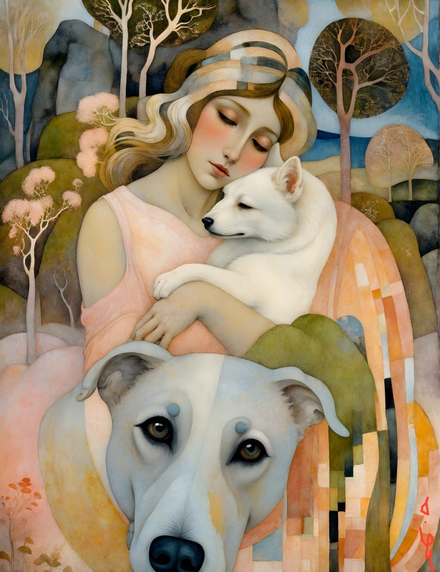 Serene Woman with Dogs in Dreamy Landscape Art