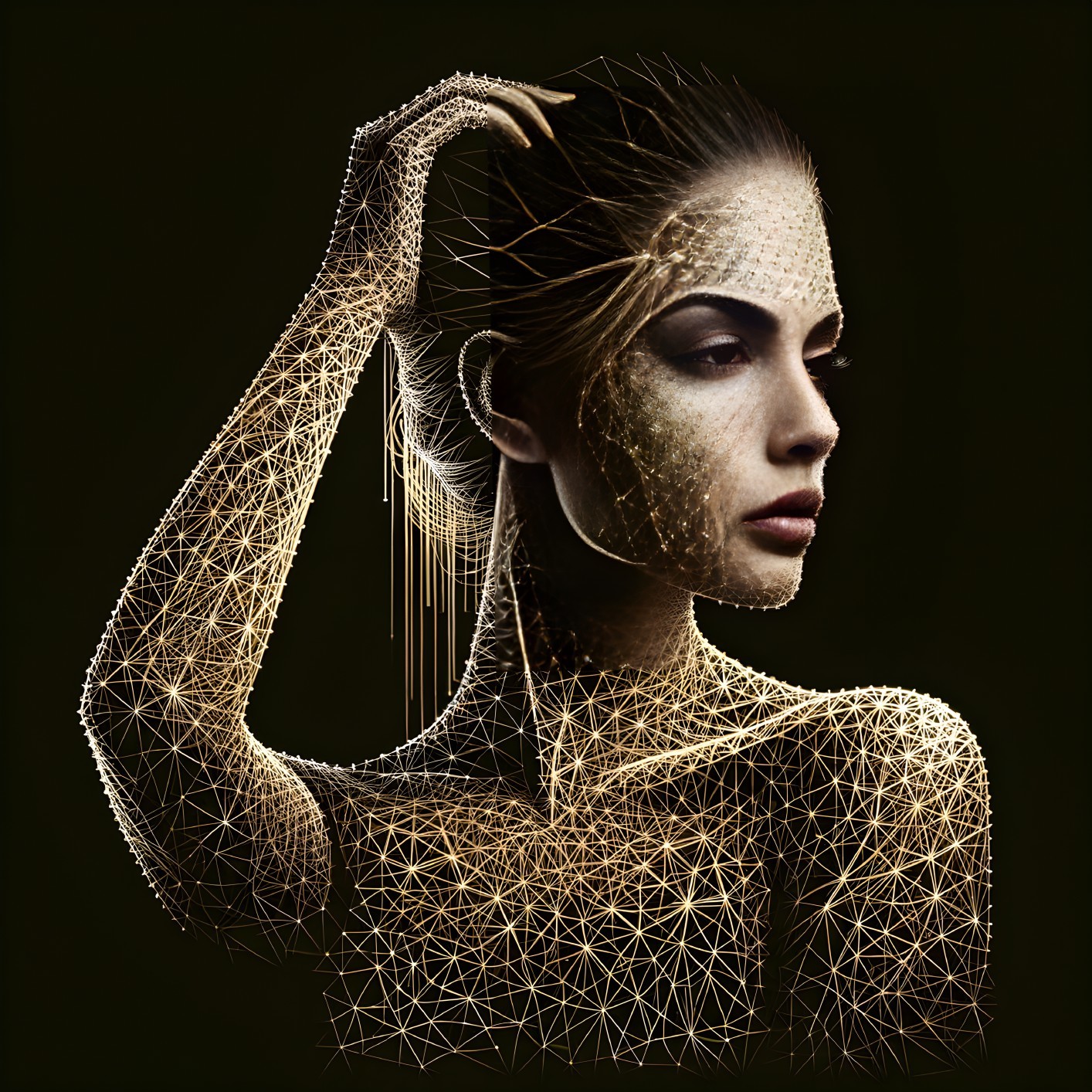 Woman with Geometric Wireframe Skin Texture Design