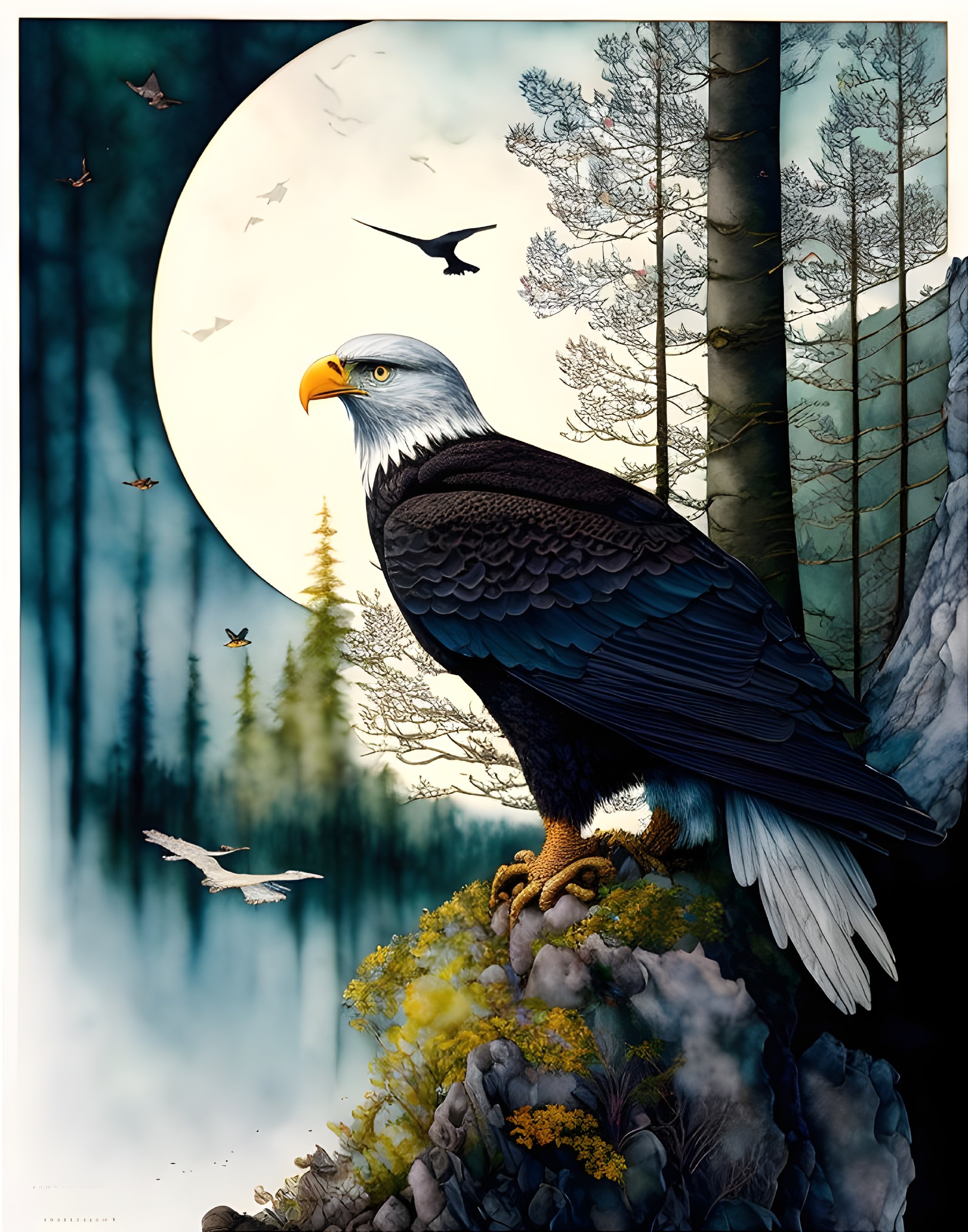 Eagle on Rocky Outcrop Under Full Moon and Forest