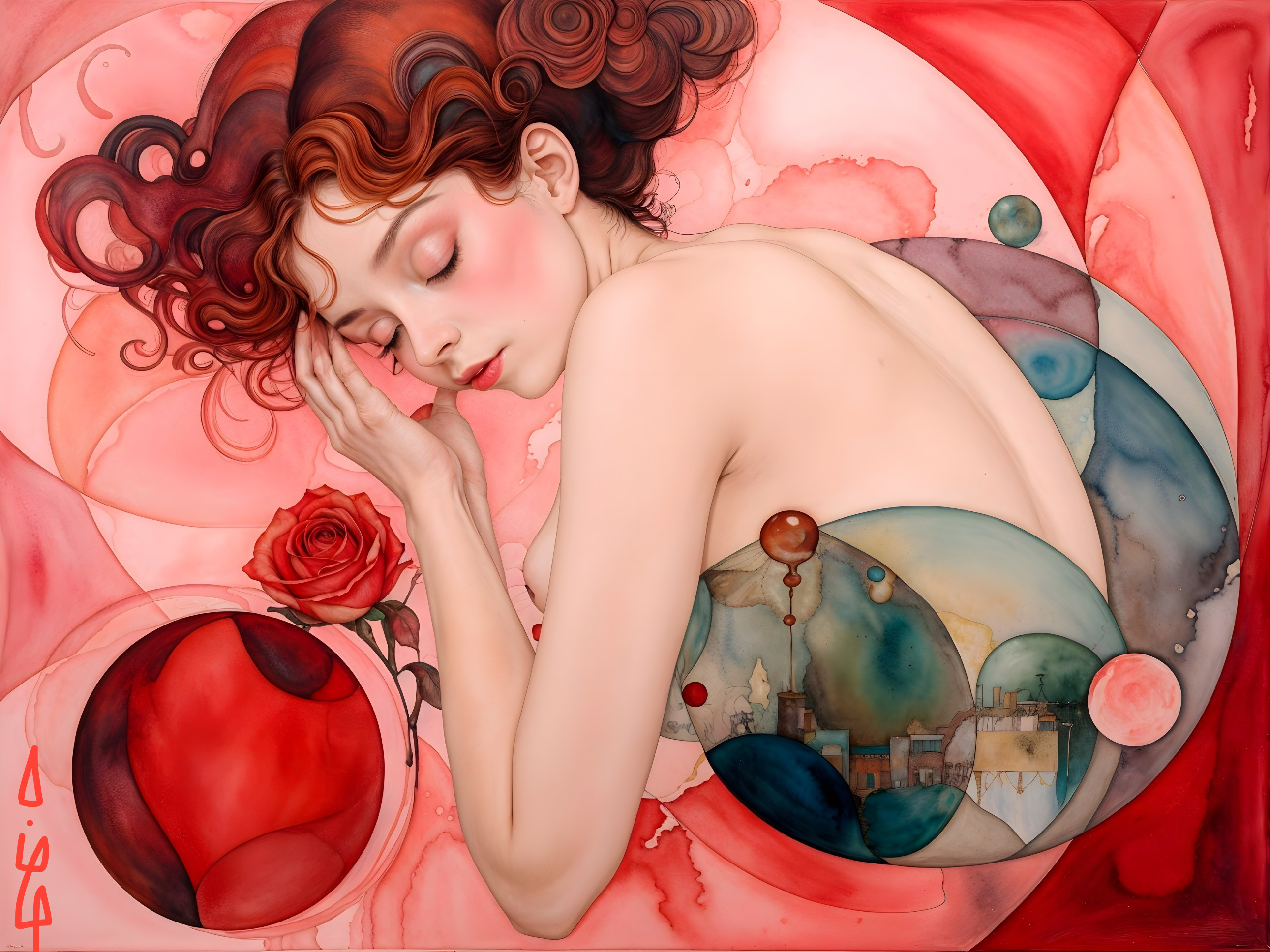 Serene Artwork of a Woman with Red Hair and Rose