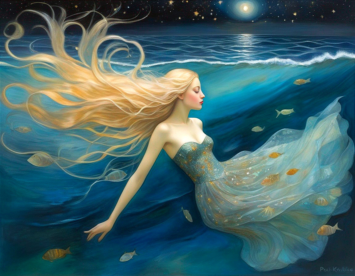 Underwater Scene with Woman in Ethereal Gown