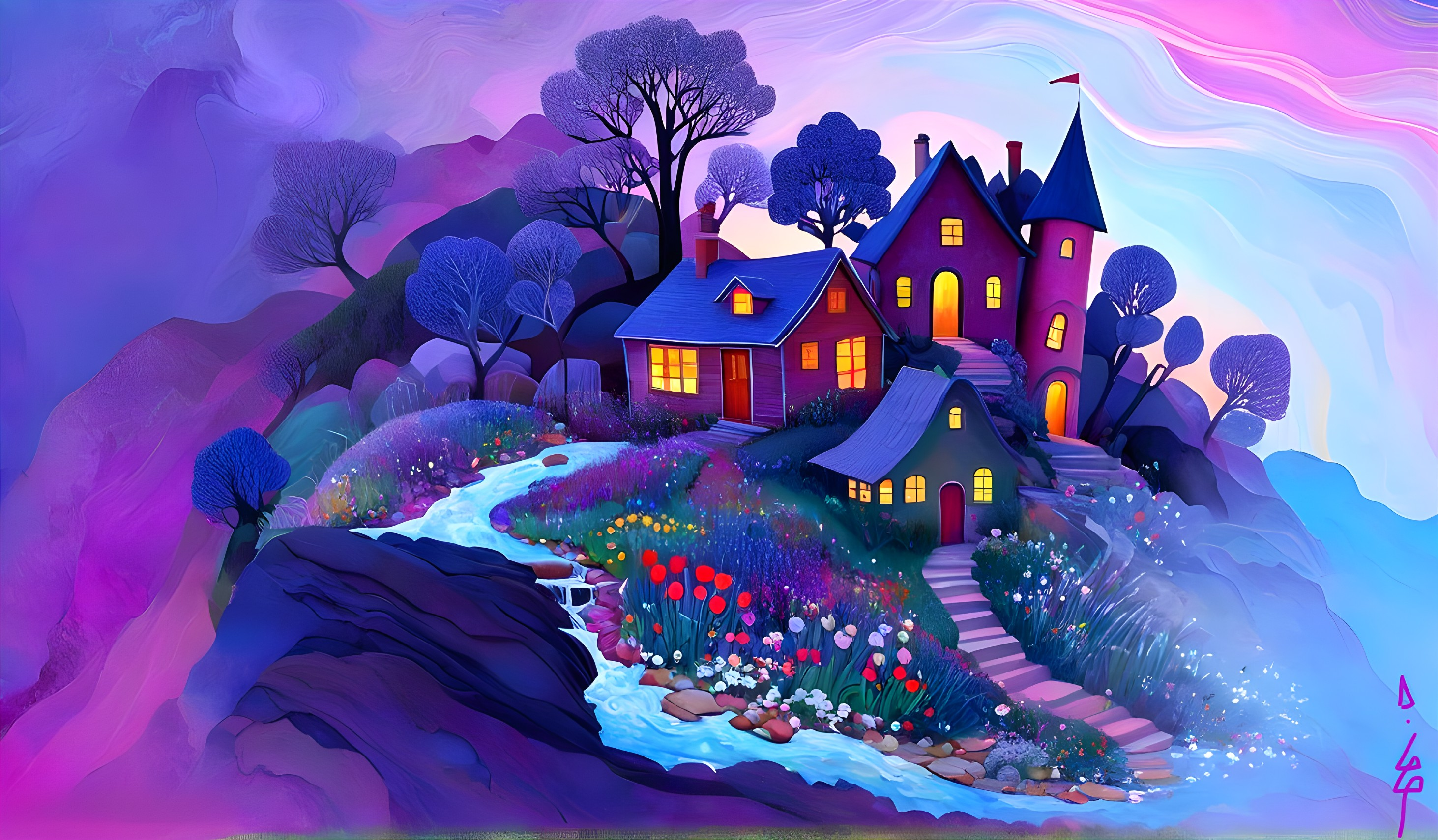 Whimsical Landscape with Colorful Houses and Stream