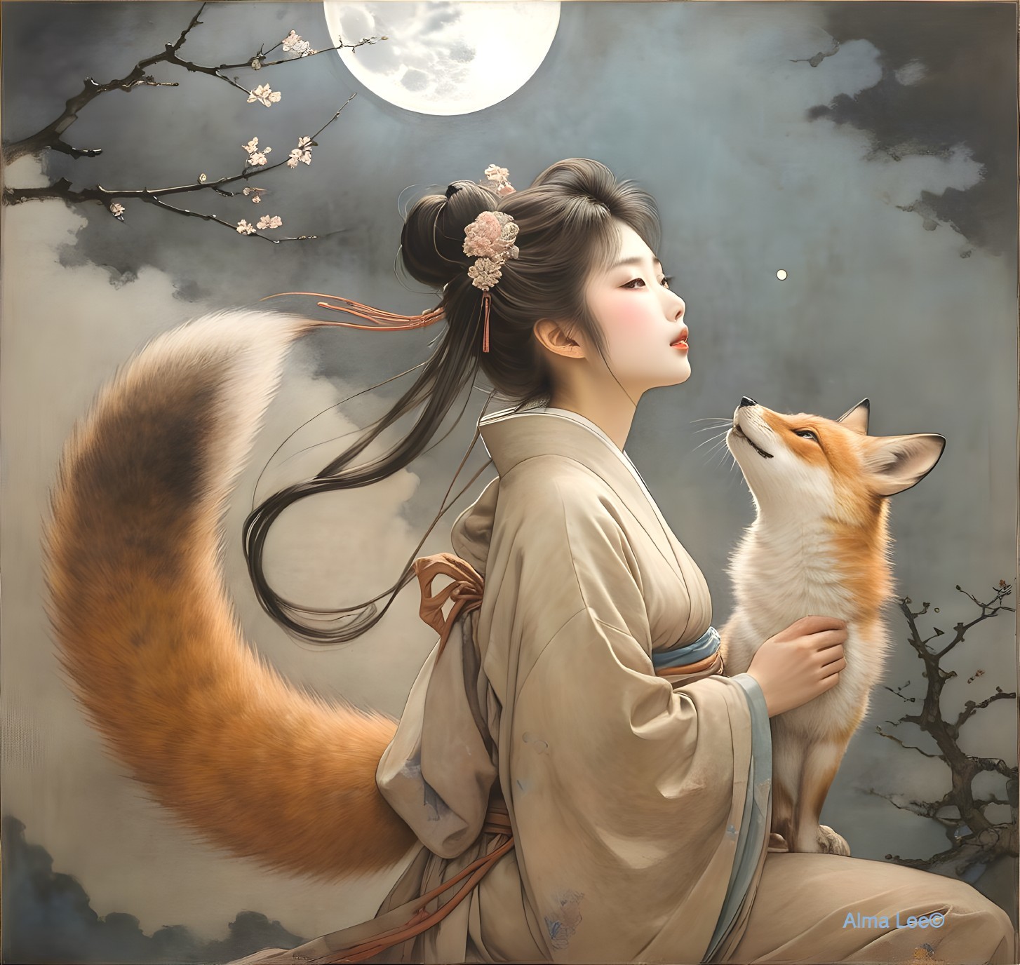 Young Woman in Kimono with Fox Under Full Moon