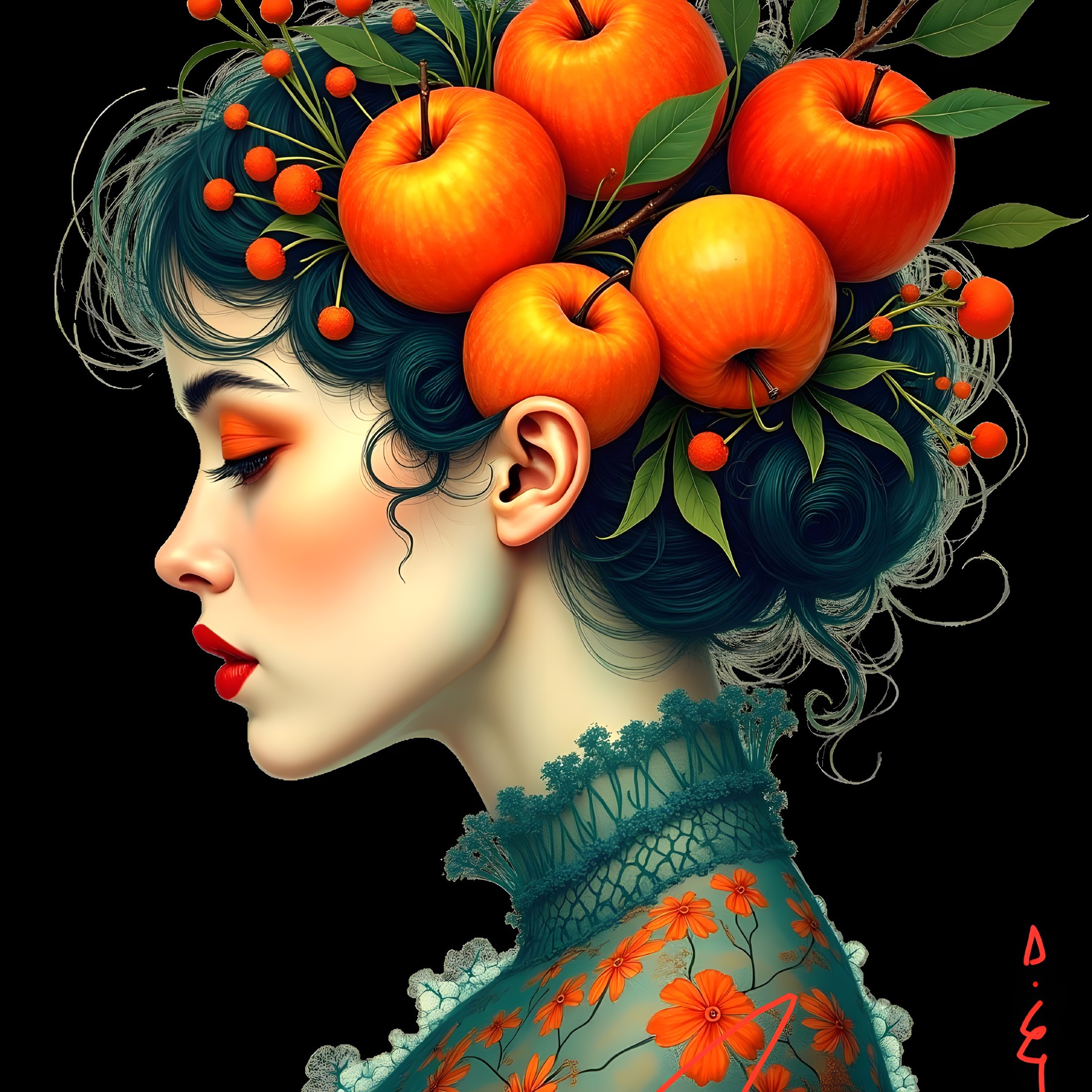 Profile of a woman with vibrant hair and floral attire