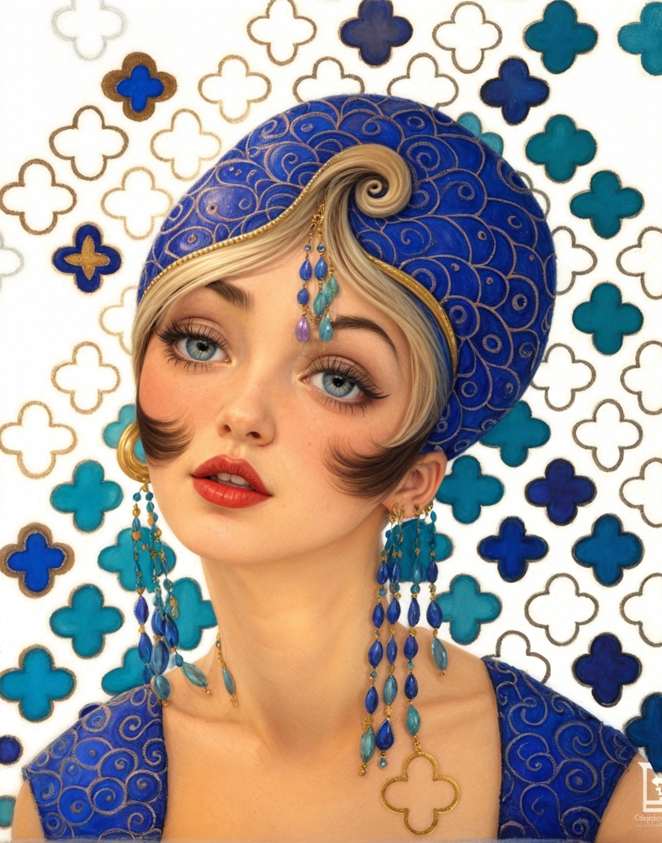 Portrait of a woman in blue headdress and outfit