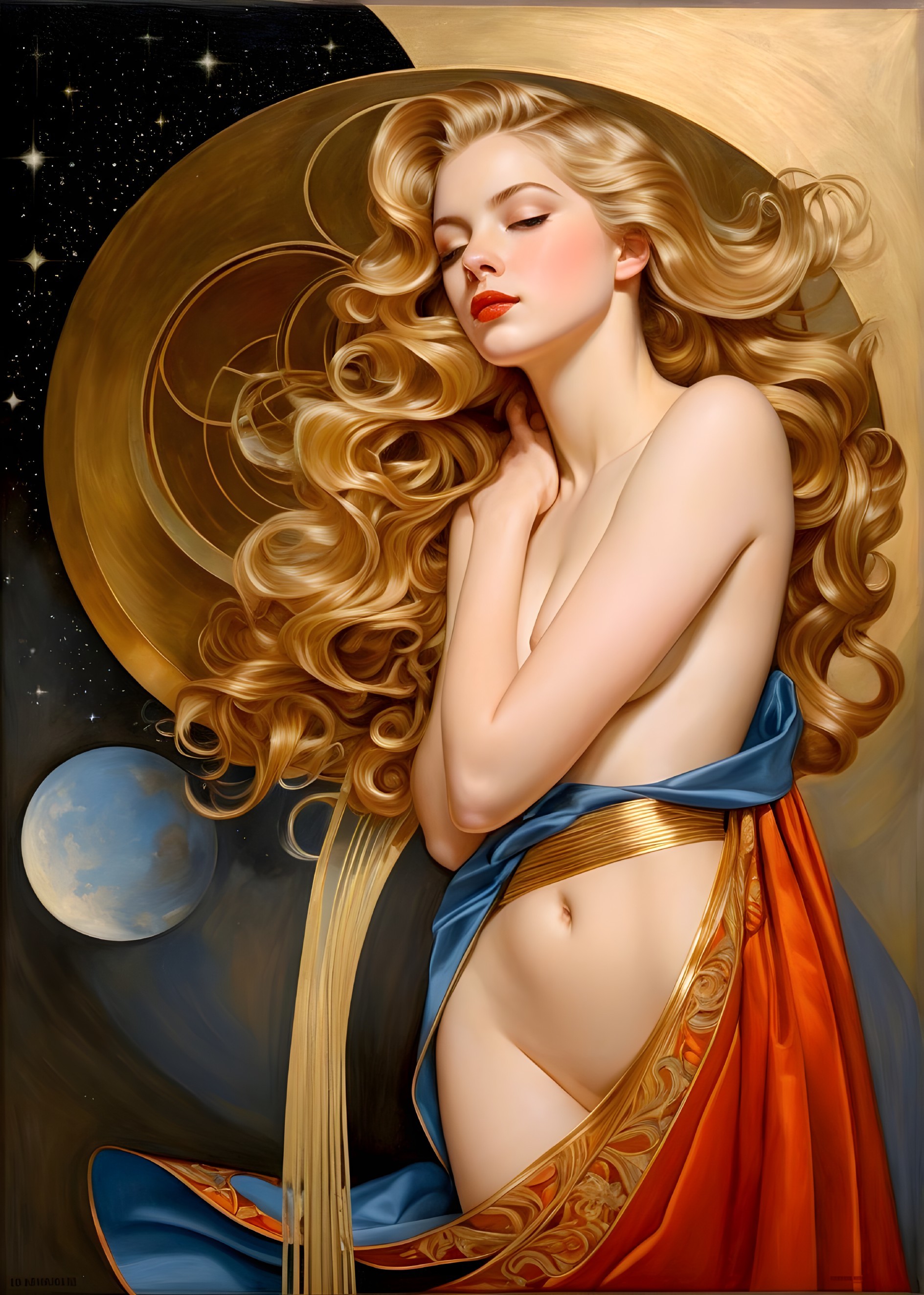Serene Woman with Flowing Hair in Cosmic Setting