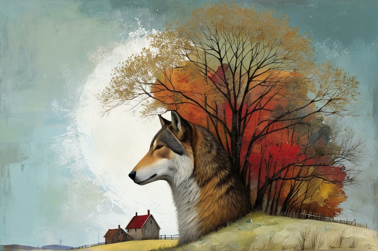 Majestic wolf blending with colorful autumn landscape