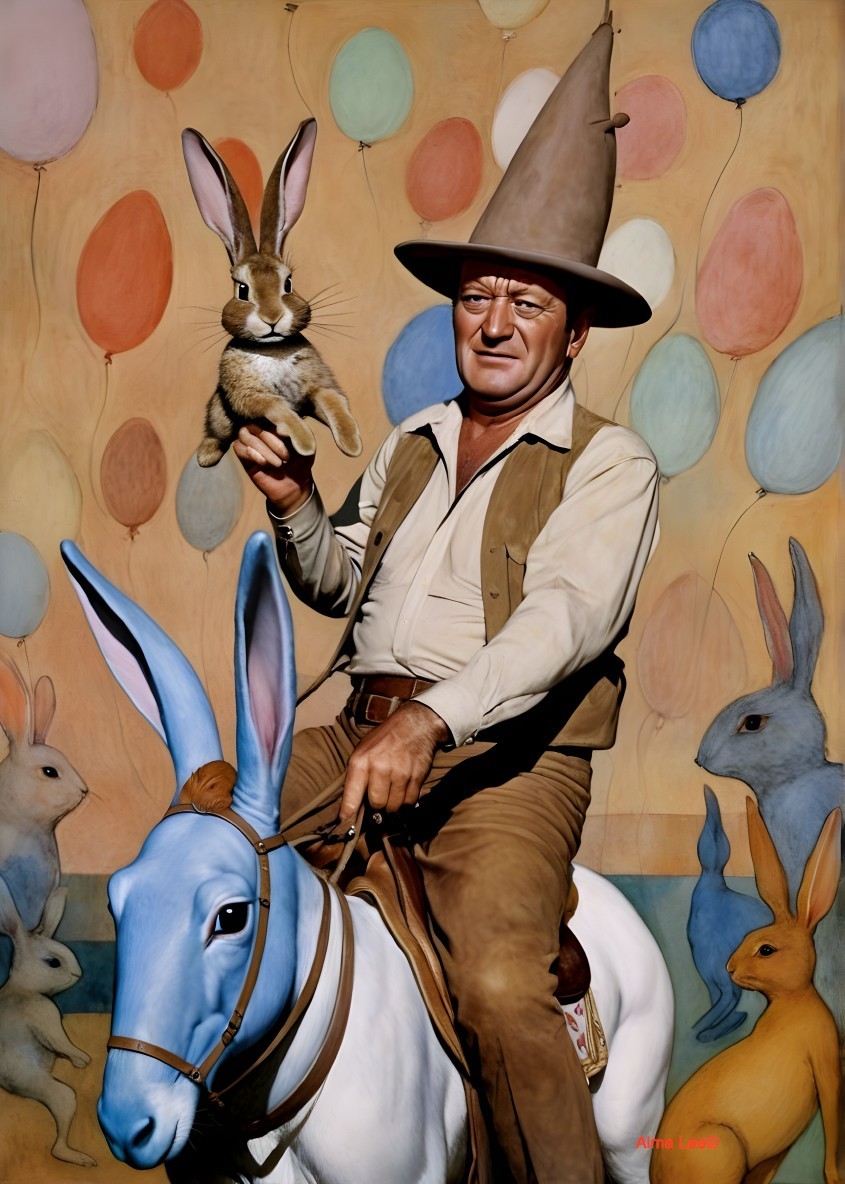 Man in Western Attire Riding a Painted Rabbit