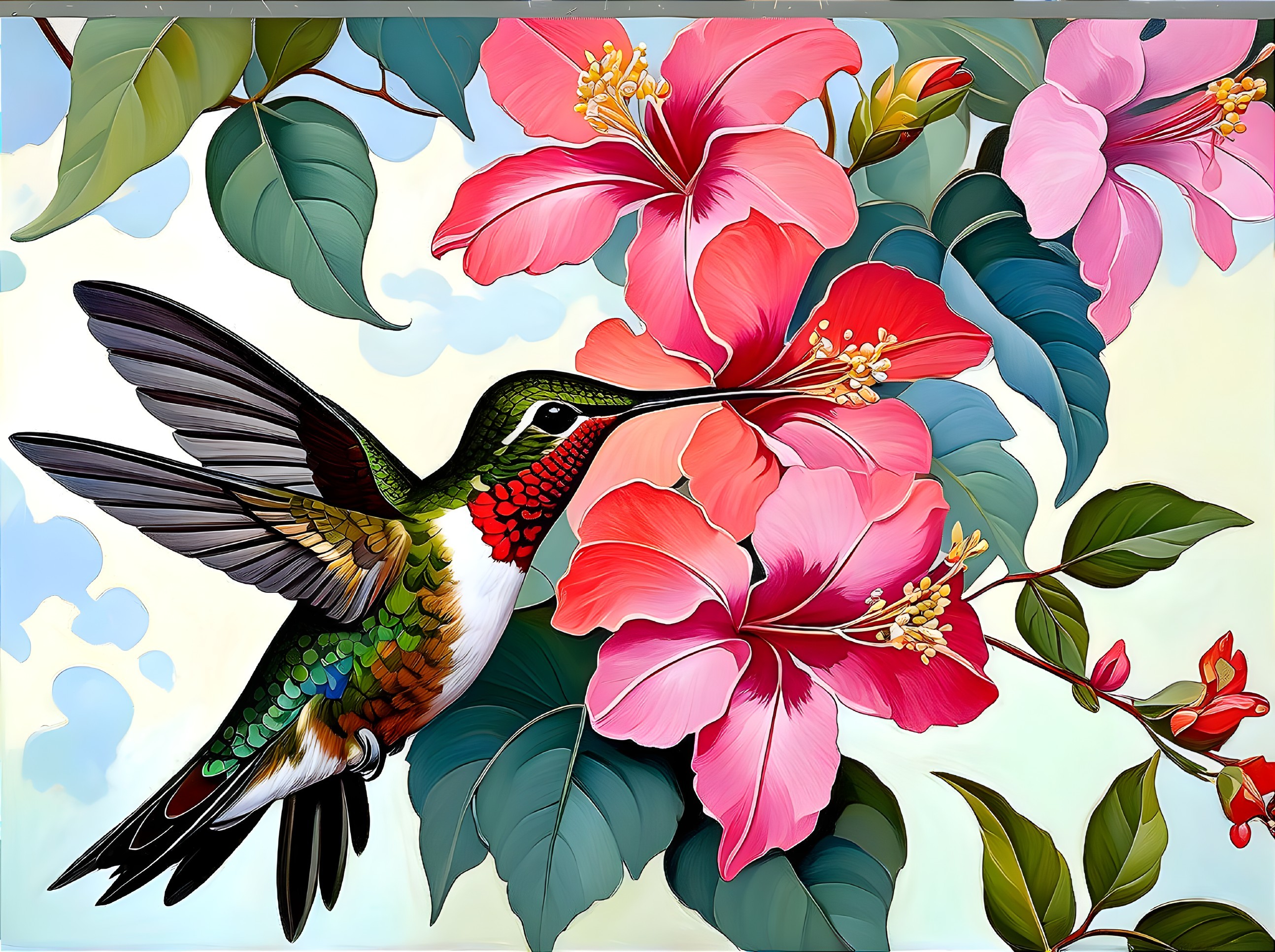 Vibrant Hummingbird Near Pink Flowers and Green Leaves