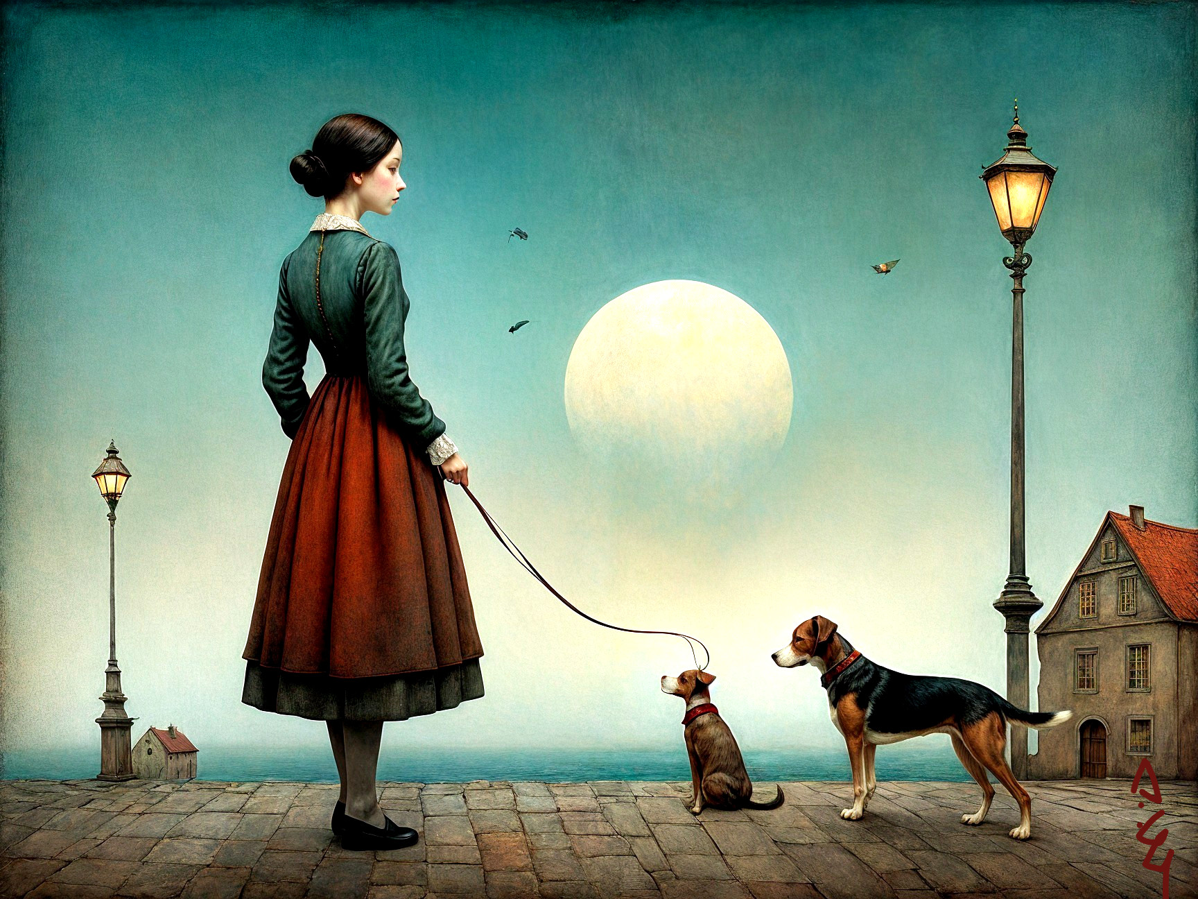 Young woman with dogs on cobblestone street at night