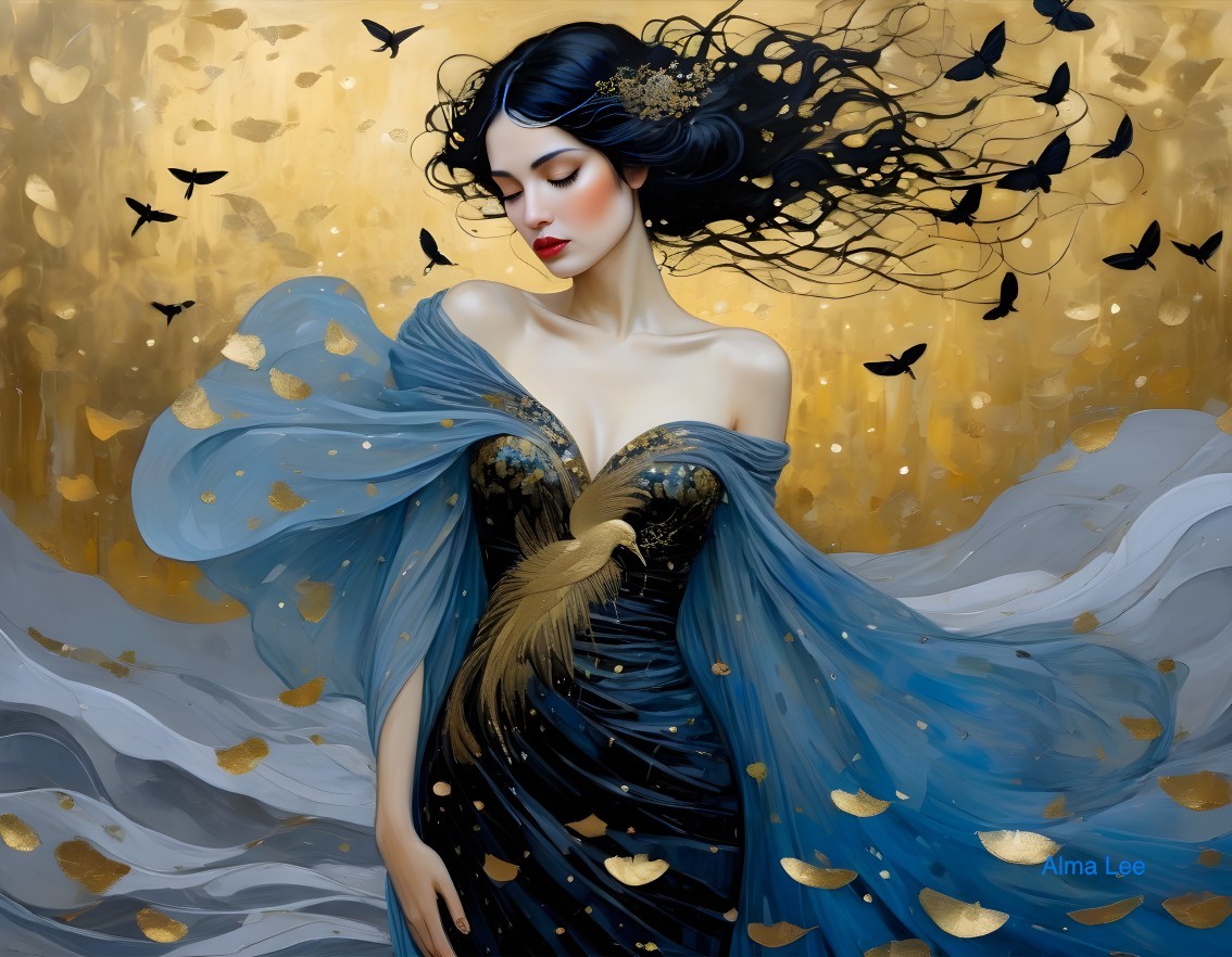 Woman in Blue Gown with Butterflies on Gold Background