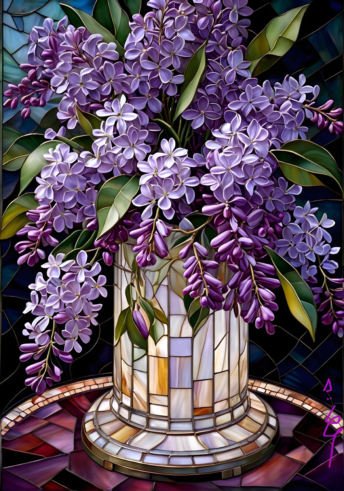 Vibrant Stained Glass Bouquet of Lilacs and Vase