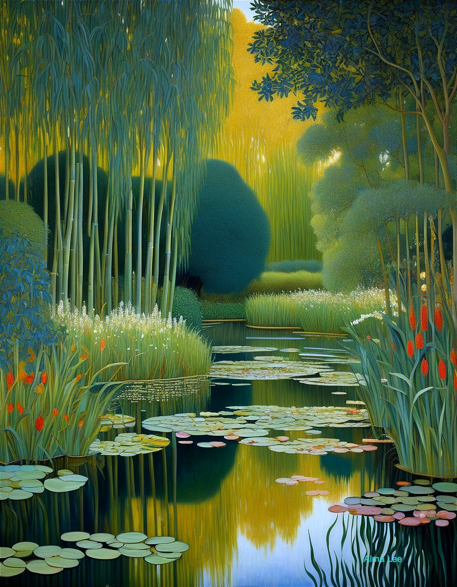 Tranquil Pond Surrounded by Lush Greenery and Flowers