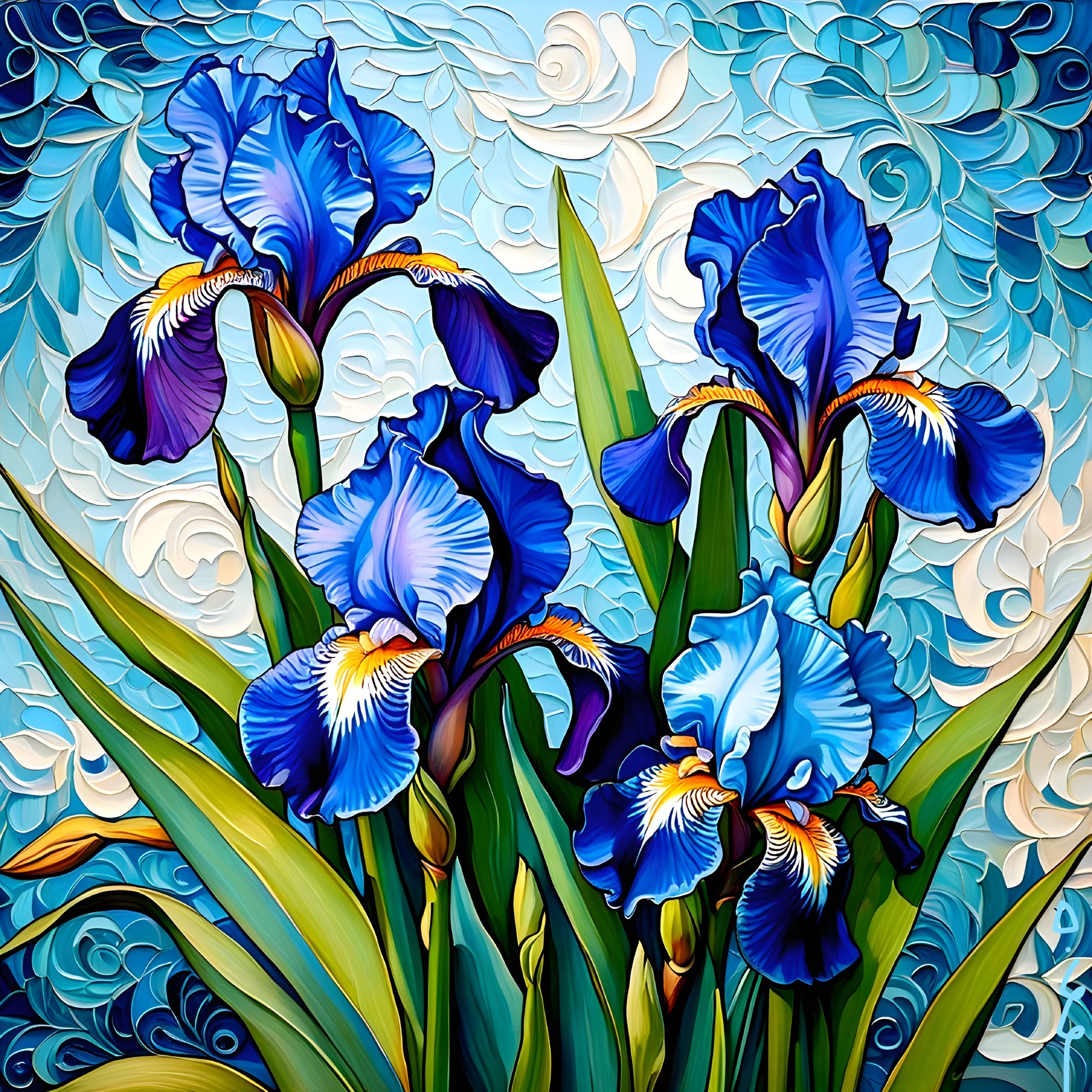 Blooming Irises in Blue with Lush Green Leaves