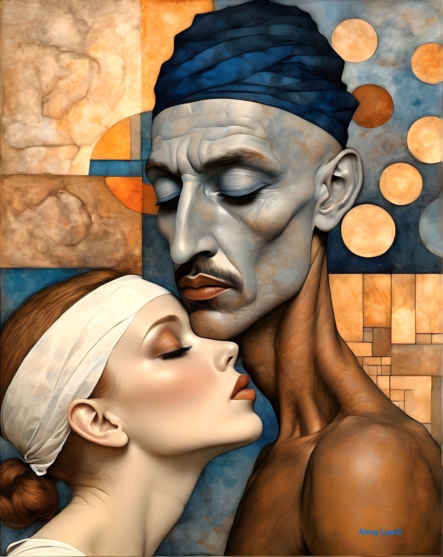Artistic Depiction of Intimate Couple with Geometric Background