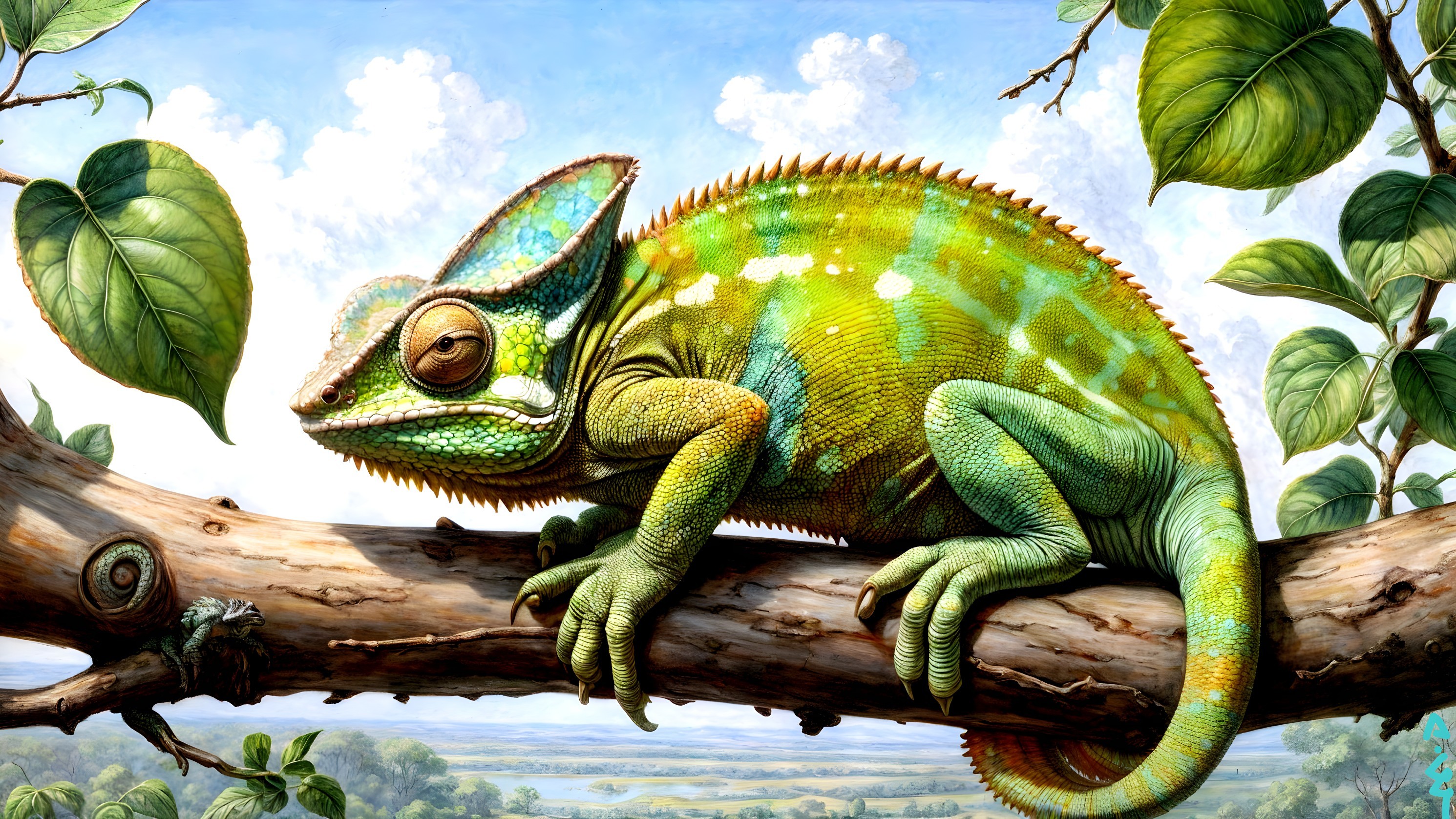 Chameleon on Branch Surrounded by Lush Greenery