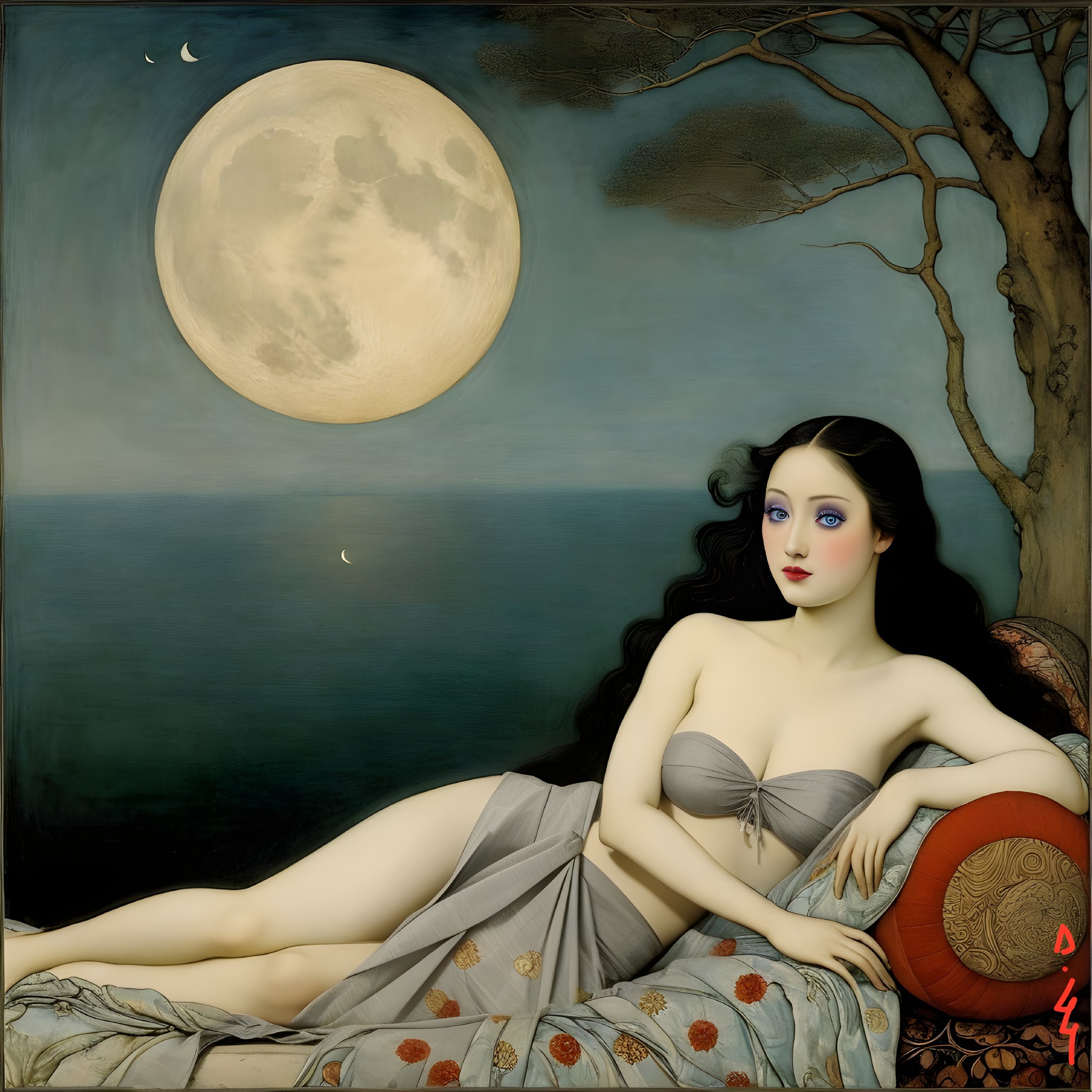 Serene Figure Against Moonlit Night Sky and Water