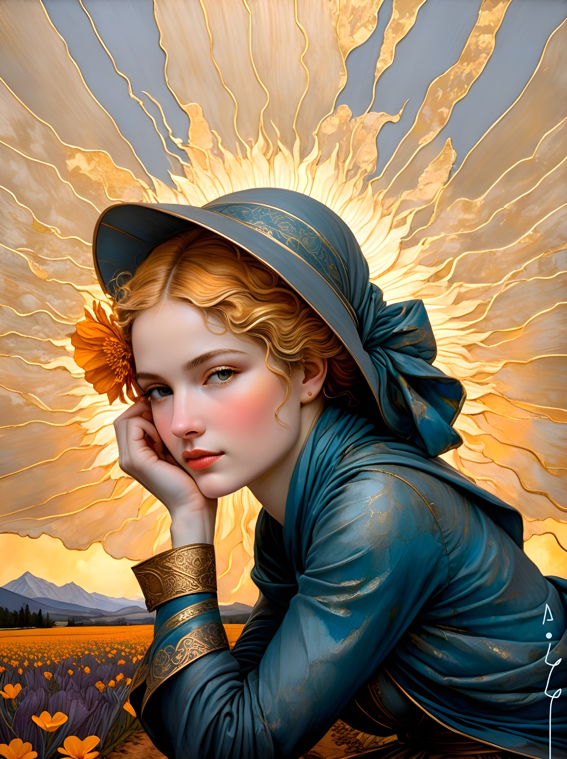 Young Woman with Golden Hair in Serene Landscape