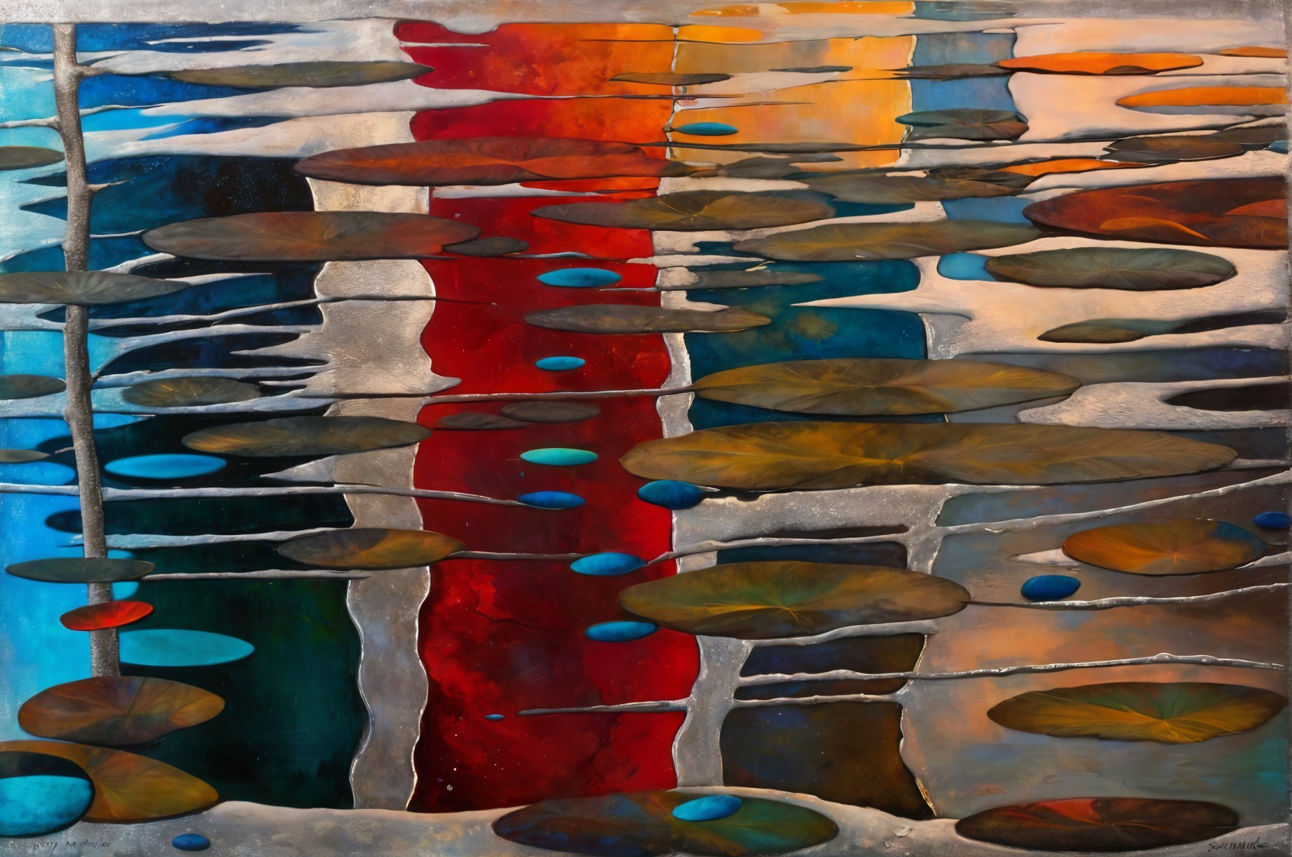 Serene Pond Scene with Colorful Reflections and Lily Pads