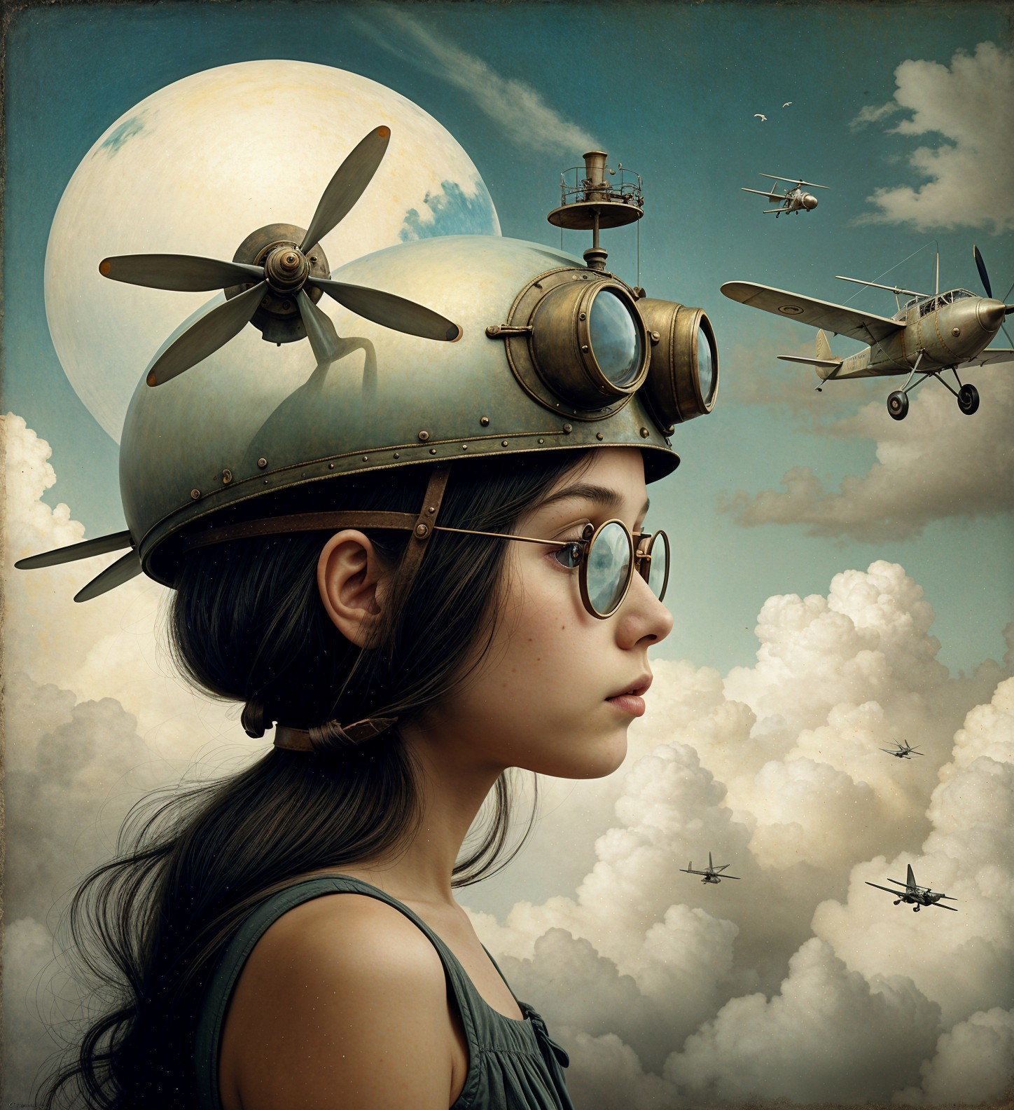 Young girl in aviator helmet against surreal sky