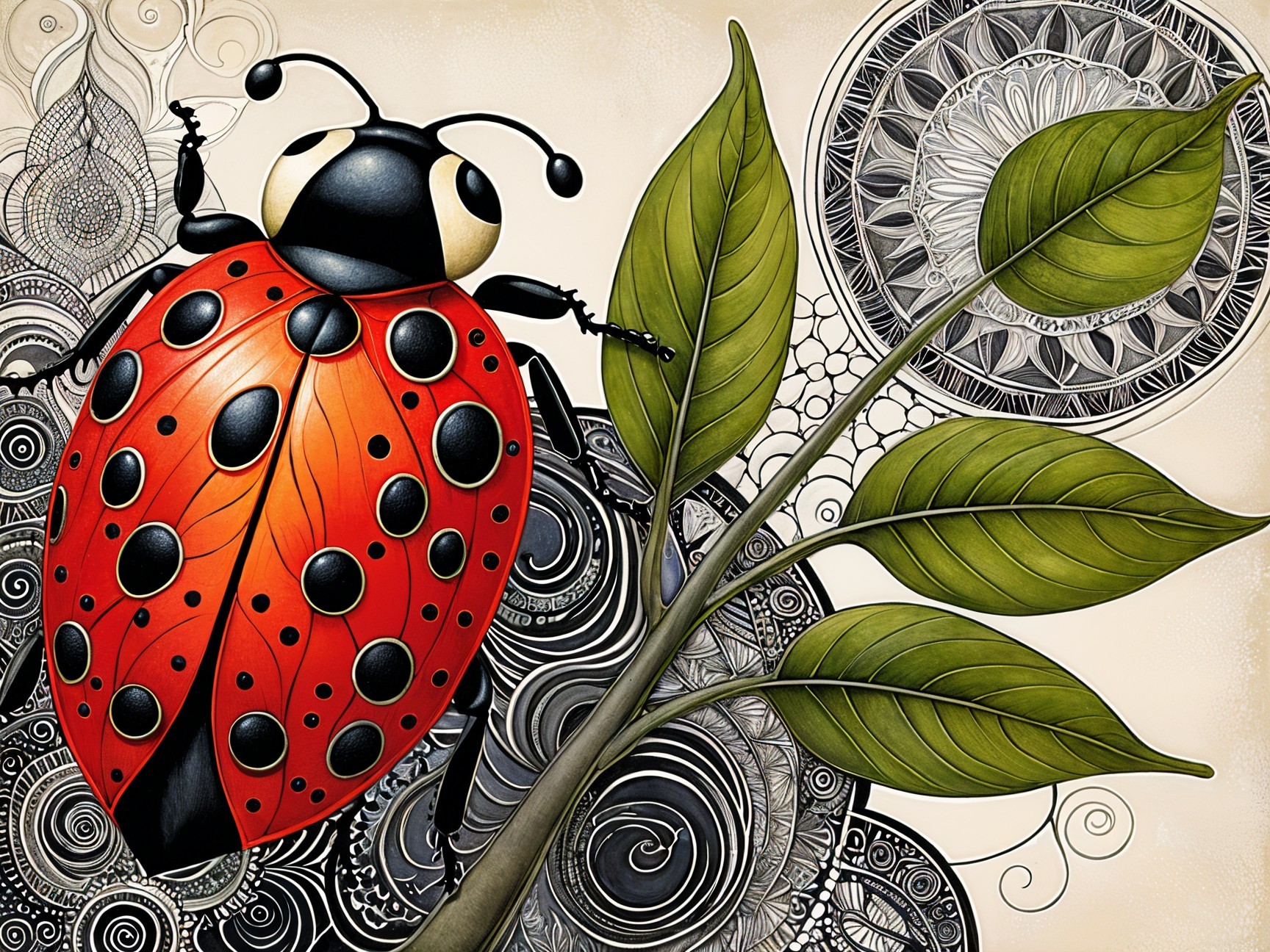 Large Ladybug Illustration on a Branch with Leaves