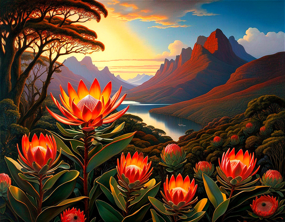 Majestic Mountains and Vibrant Protea Flowers at Dusk