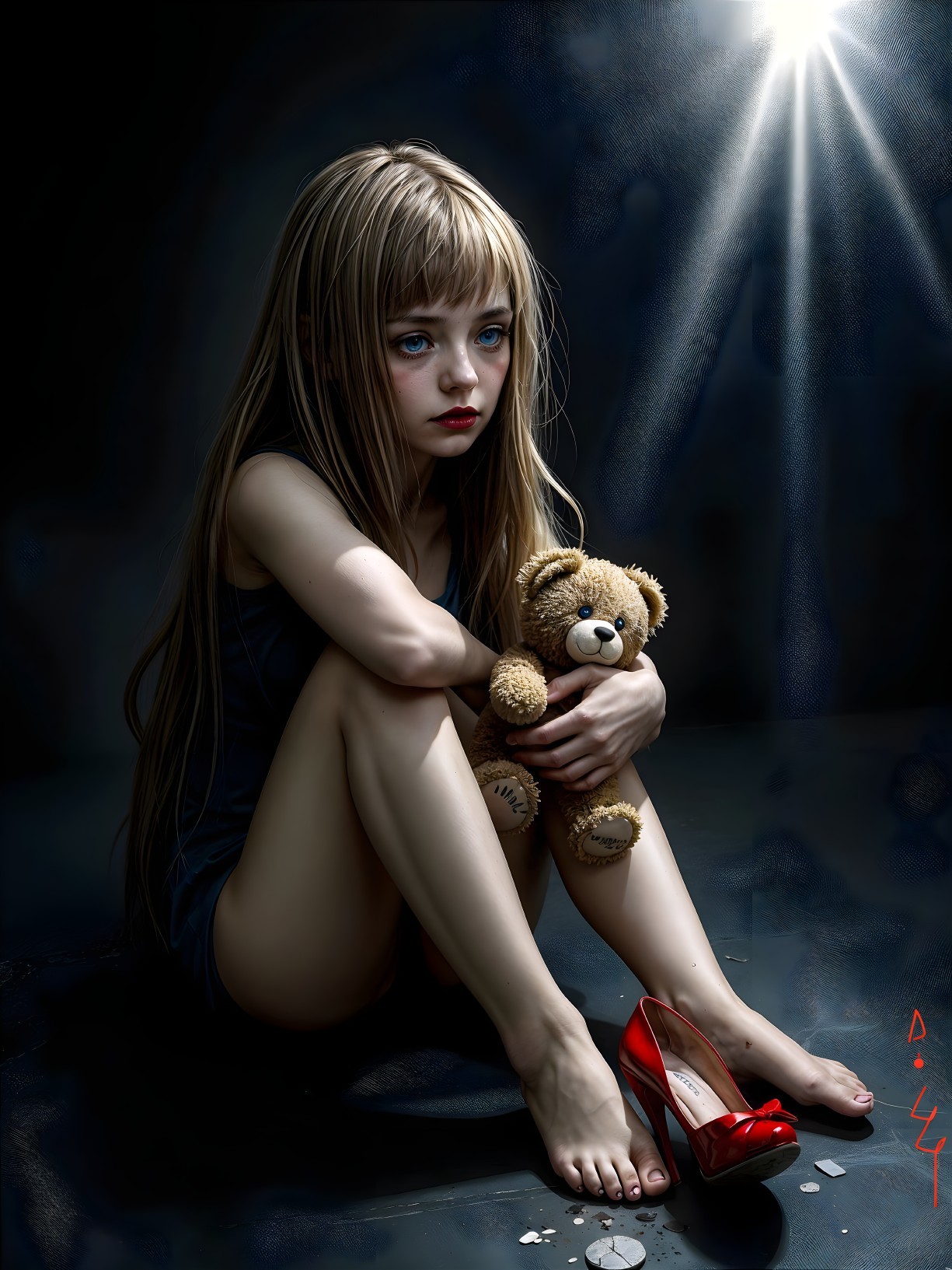 Young girl in dim room with teddy bear and shattered glass