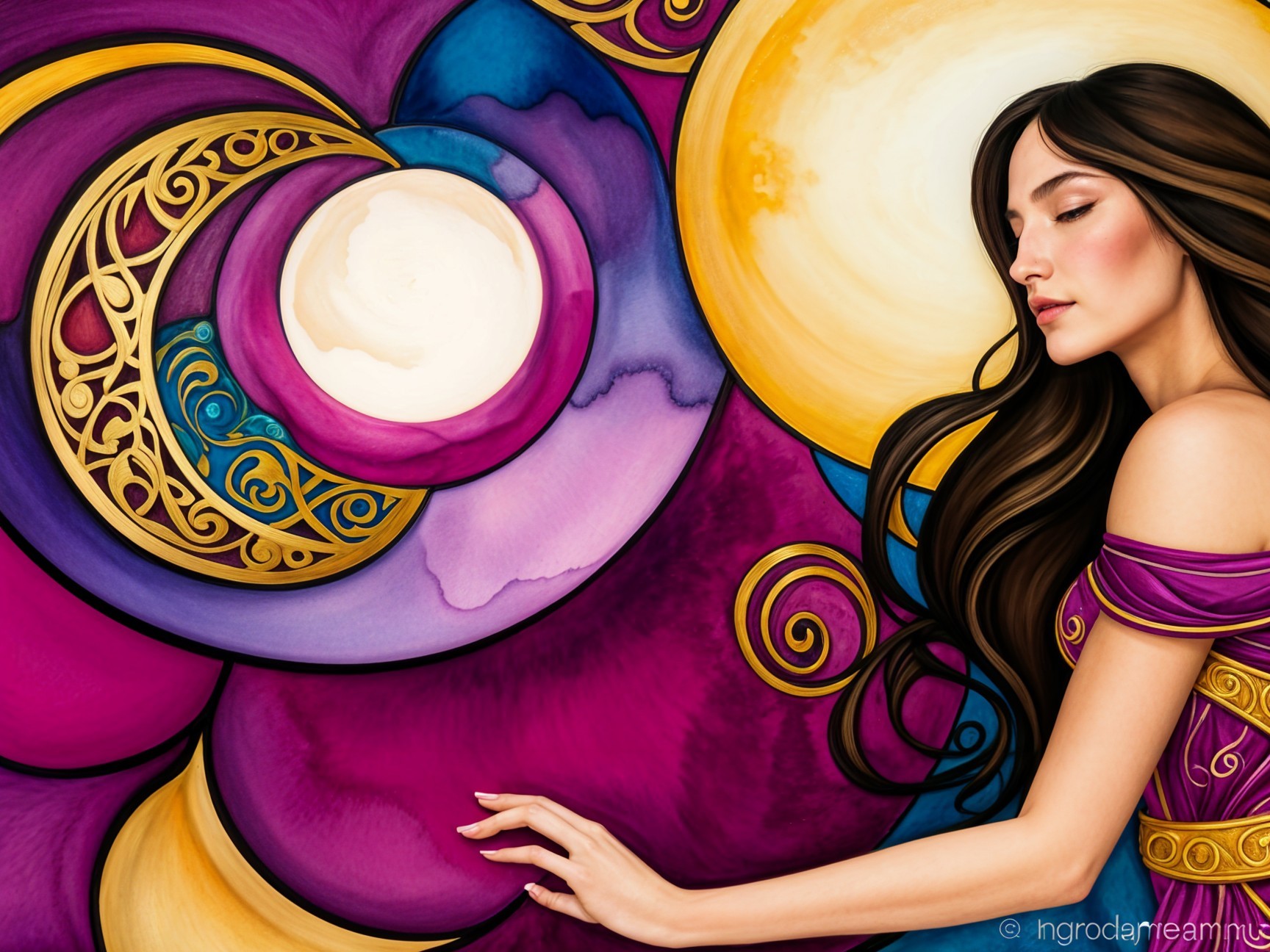 Serene Woman Amidst Vibrant Abstract Background