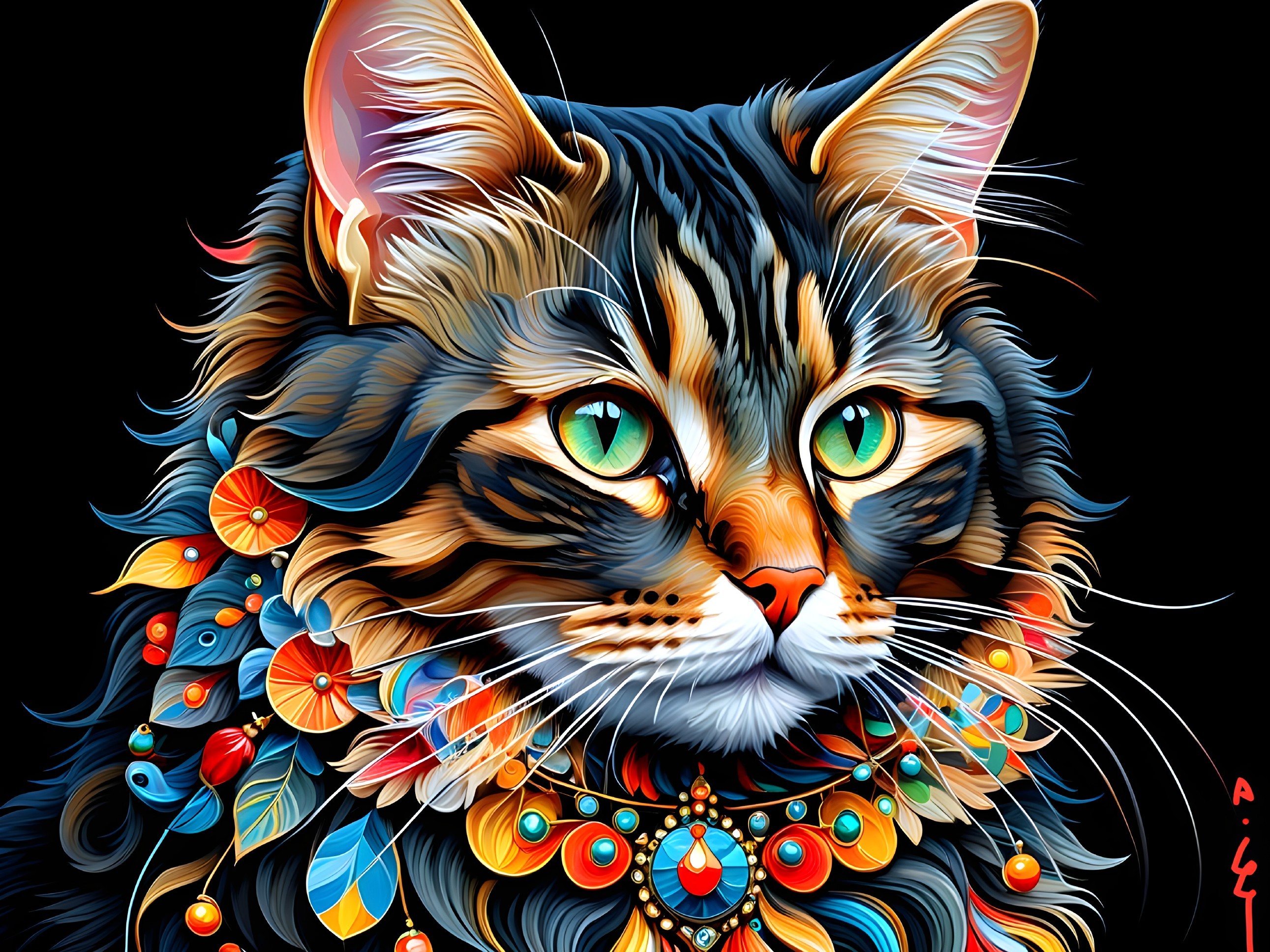 Detailed Illustration of a Maine Coon Cat with Floral Patterns