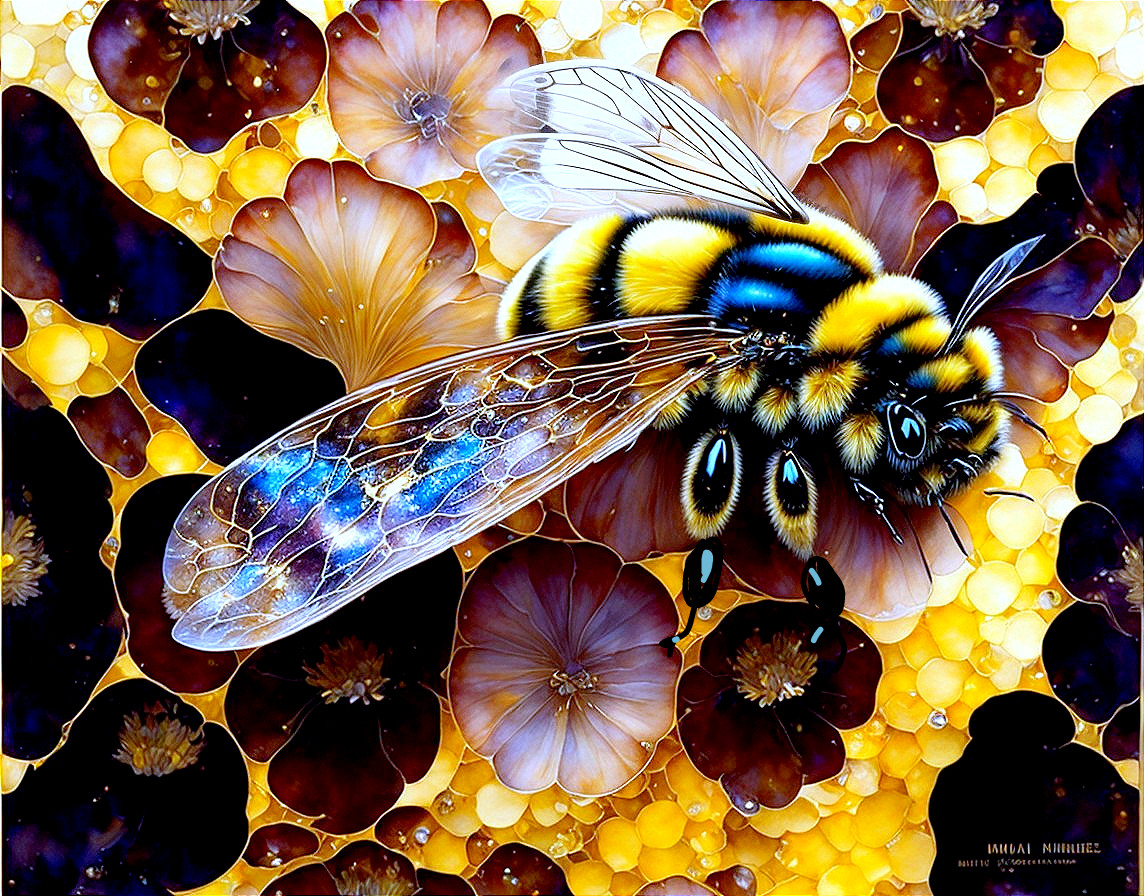 Bumblebee on Purple Flowers in Vibrant Illustration