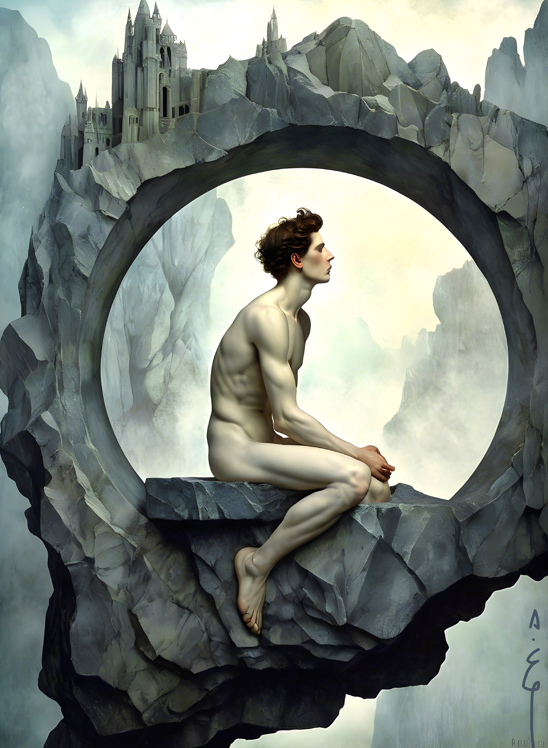 Contemplative Figure in Surreal Mountain Landscape