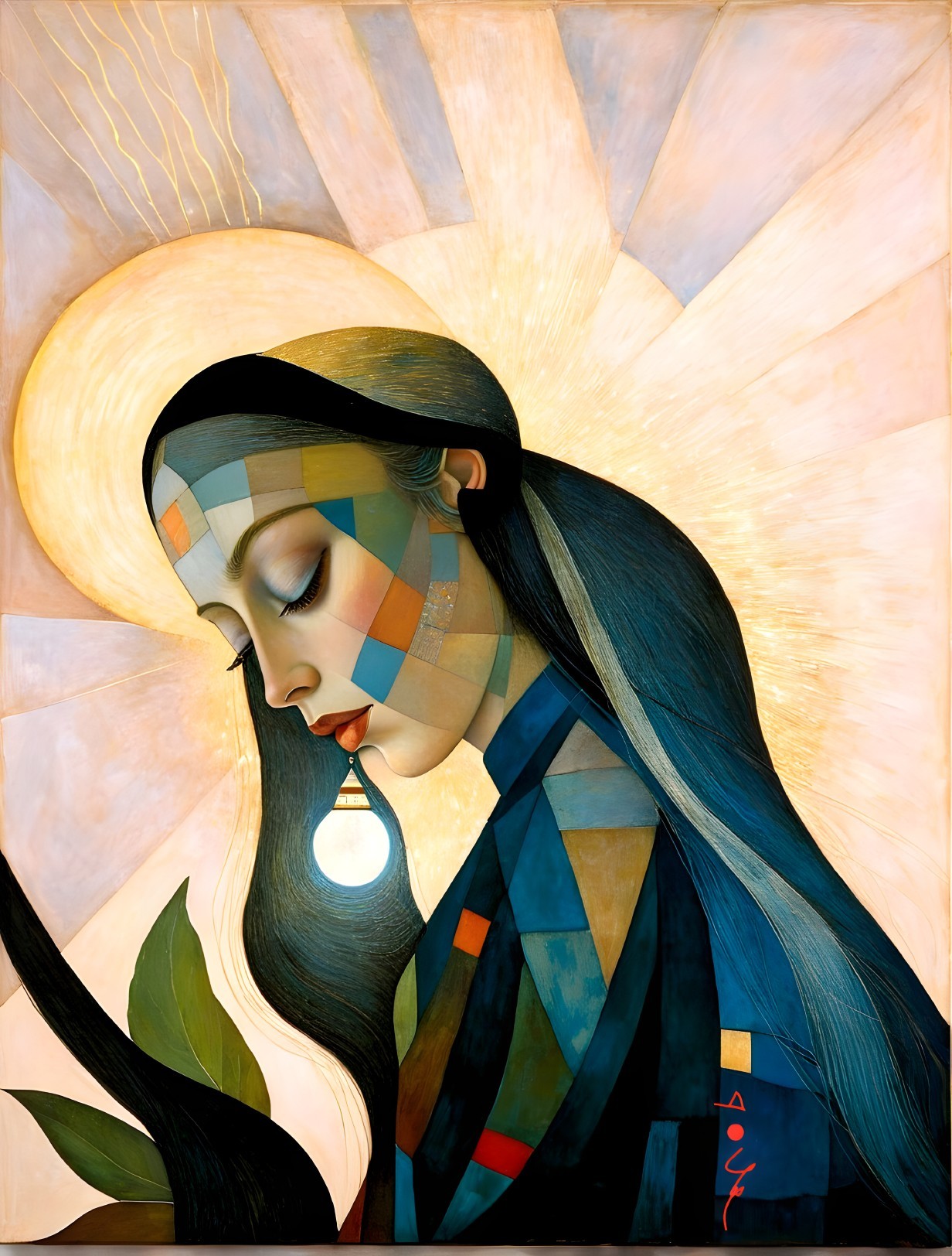 Serene Woman in Mosaic with Vibrant Geometric Shapes
