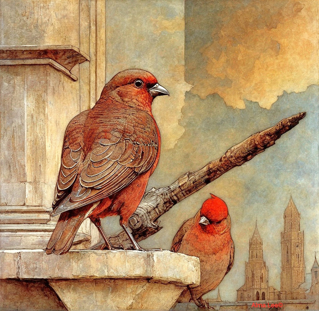 Red Birds on Stone Ledge with Architectural Background