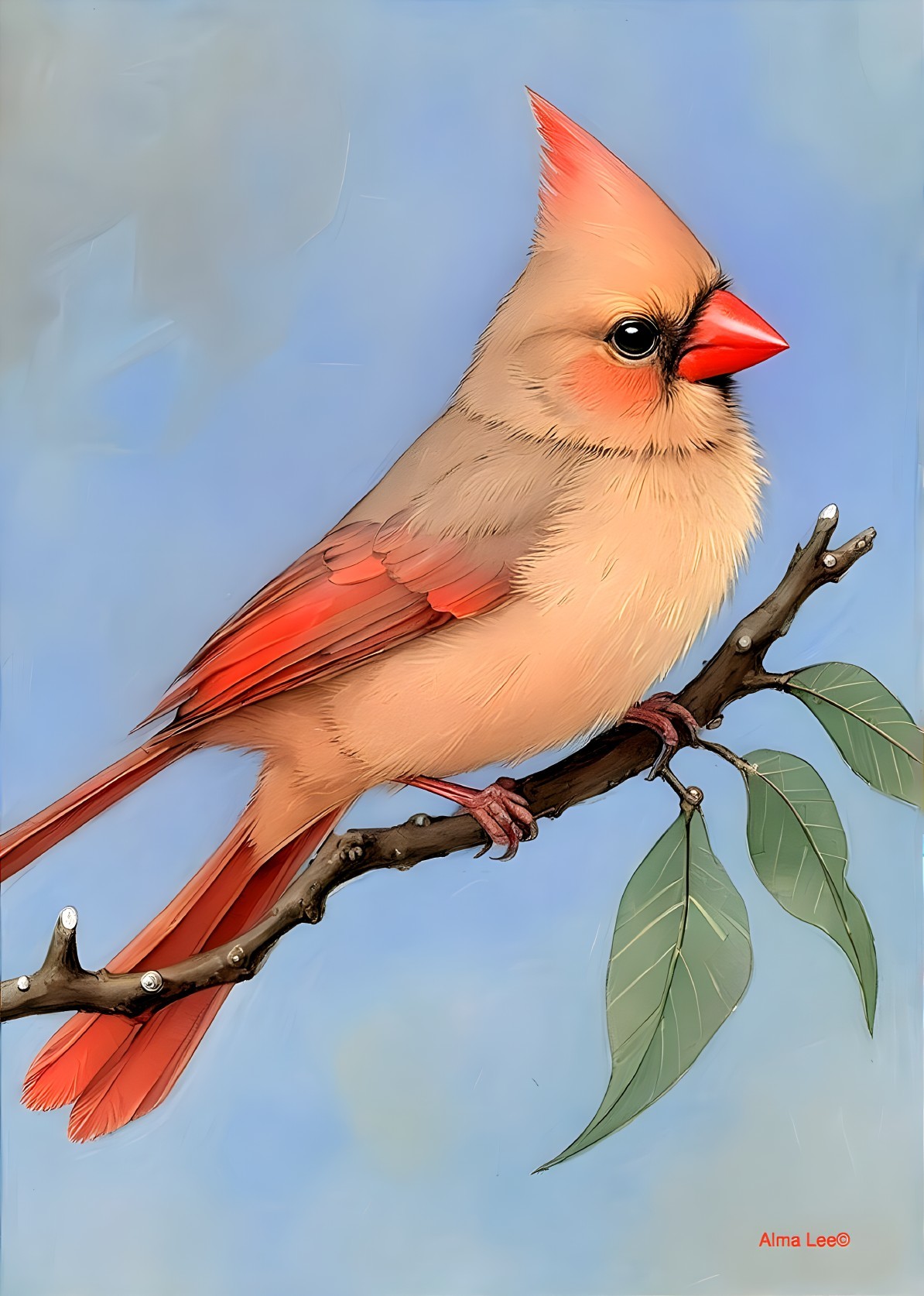 Cardinal on Branch in Soft Blue Hues and Green Leaves